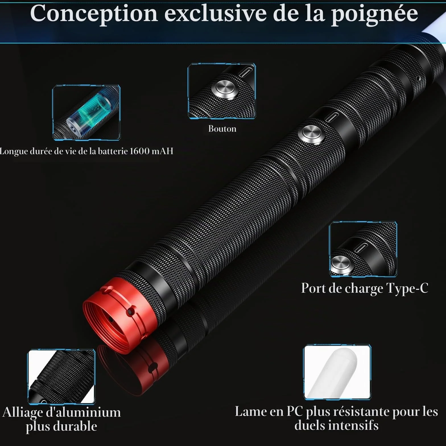 Sabre Laser Enfants RGB 15 Couleurs Rechargeable Effets Sonores FX Poignée Alliage Aluminium 2 Pièces