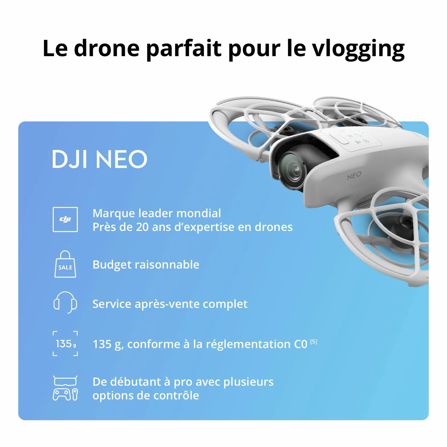 DJI Neo Mini Drone avec Caméra 4K Ultra-HD 135 g Suivi Sujet QuickShots