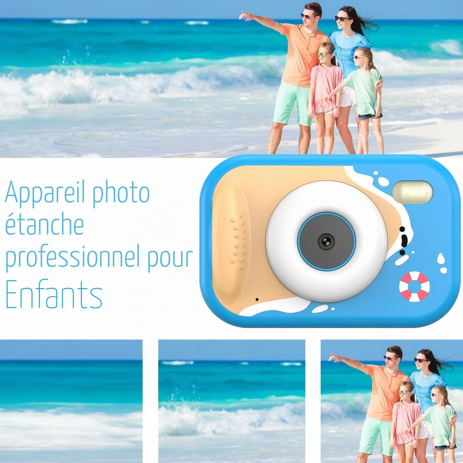 Appareil Photo Enfant Étanche 48MP 1080P Caméra sous-Marine 2,4 Pouces LED Flash Carte TF 32 Go Bleu