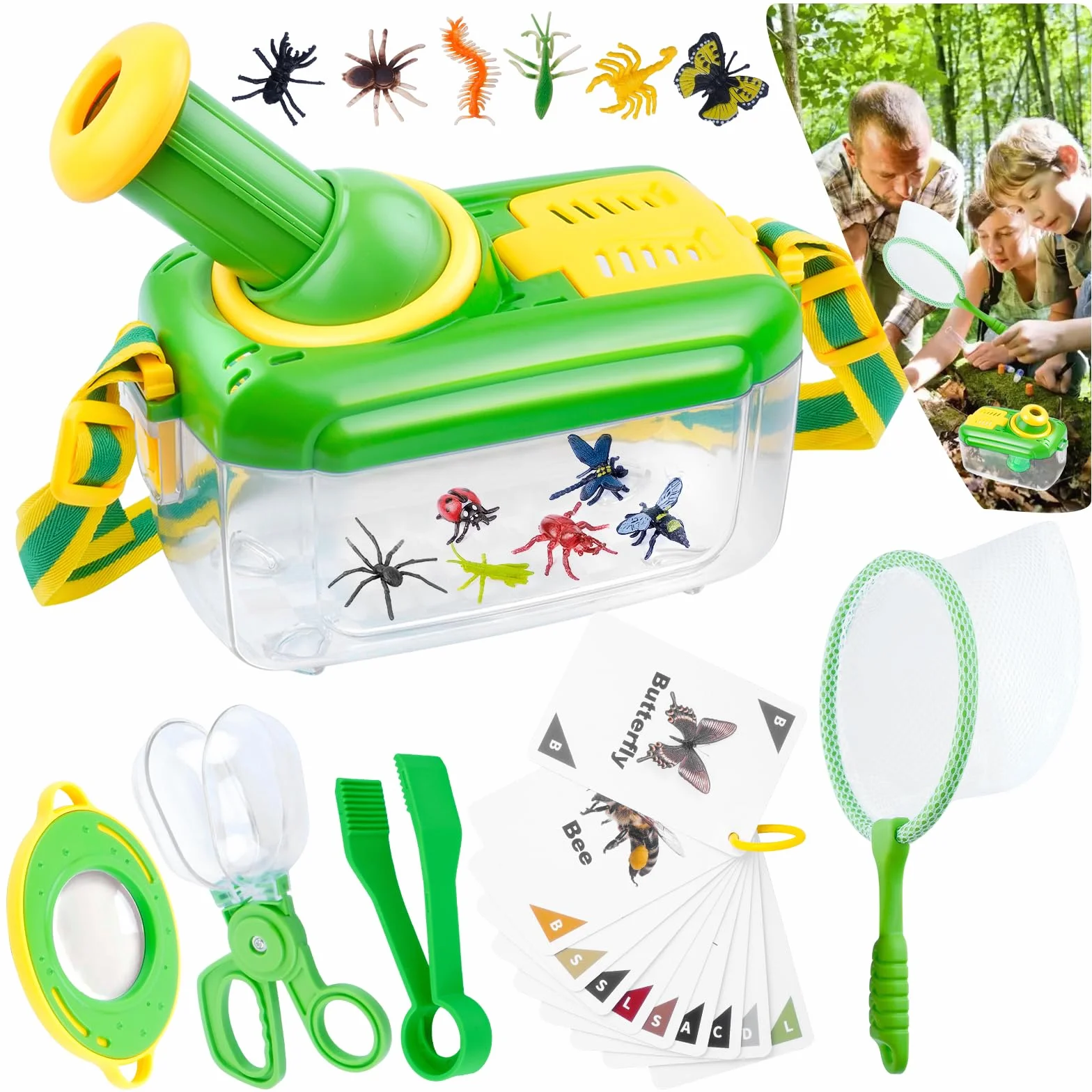 Kit Exploration Enfant Jeux Exterieur Attrape Insecte Boite Insectes 12 Faux Insectes Loupe Rotative 360 Garçon Fille 3-8 Ans