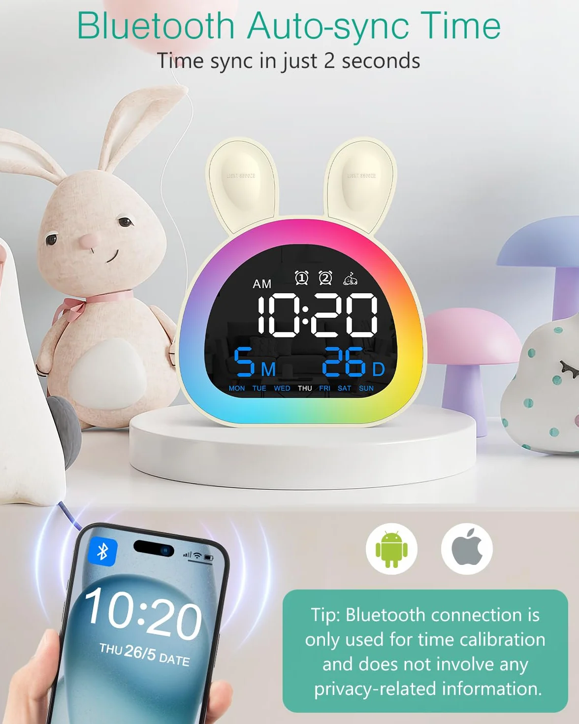 ORIA Réveil Numérique Enfant avec Veilleuse Multicolore, Bluetooth, Sons Naturels, 5 Niveaux Luminosité