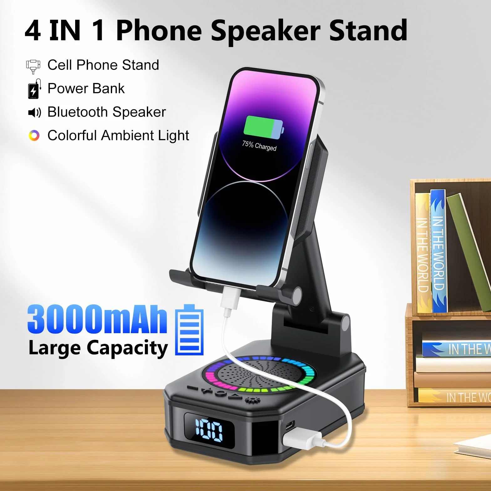 Enceinte Bluetooth 4-en-1 avec Support Téléphone, Recharge Pliable, 7 RGB, Cadeau Homme Fête des Pères