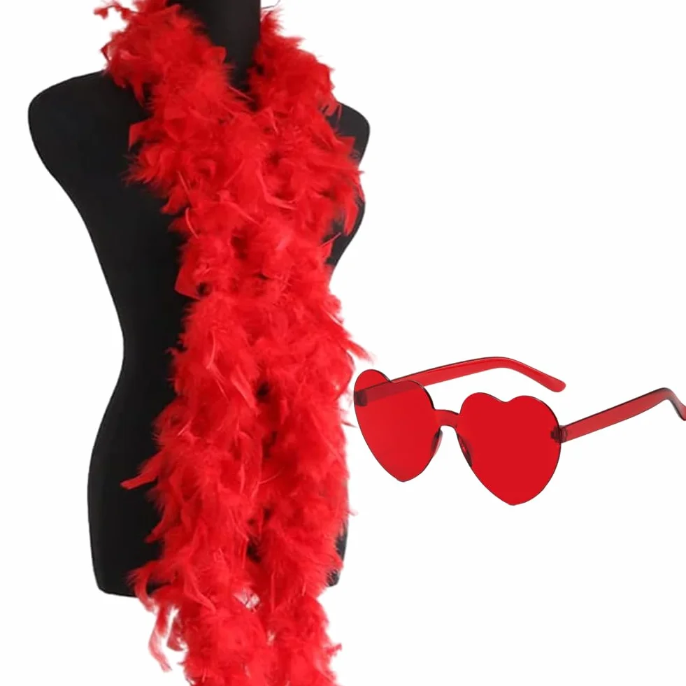 Accessoires De Fête Boa En Plumes Colorées Et Lunettes De Soleil 2 Pièces Rouge Mariage Déguisement