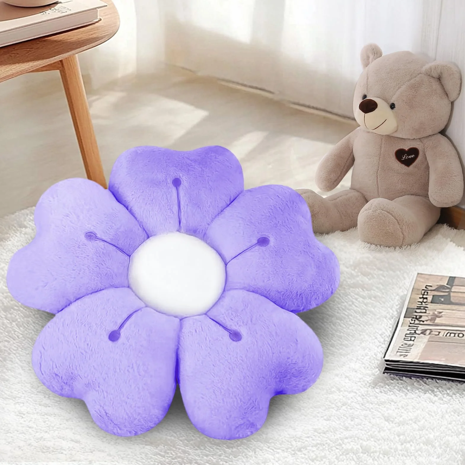 Coussin Fleurs Oreiller Floral Peluche 50cm Violet