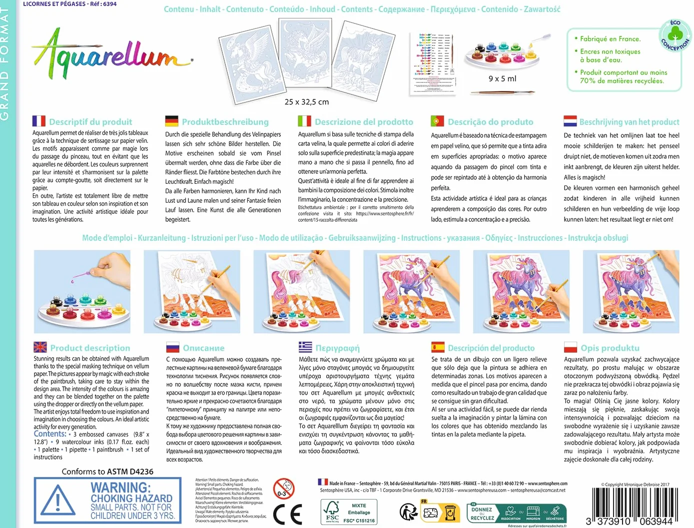 SentoSphère Aquarellum grand format LICORNES ET PEGASES kit peinture aquarellable 3 tableaux 32,5 x 25 cm 9 peintures 7 à 99 ans Fabriqué en France