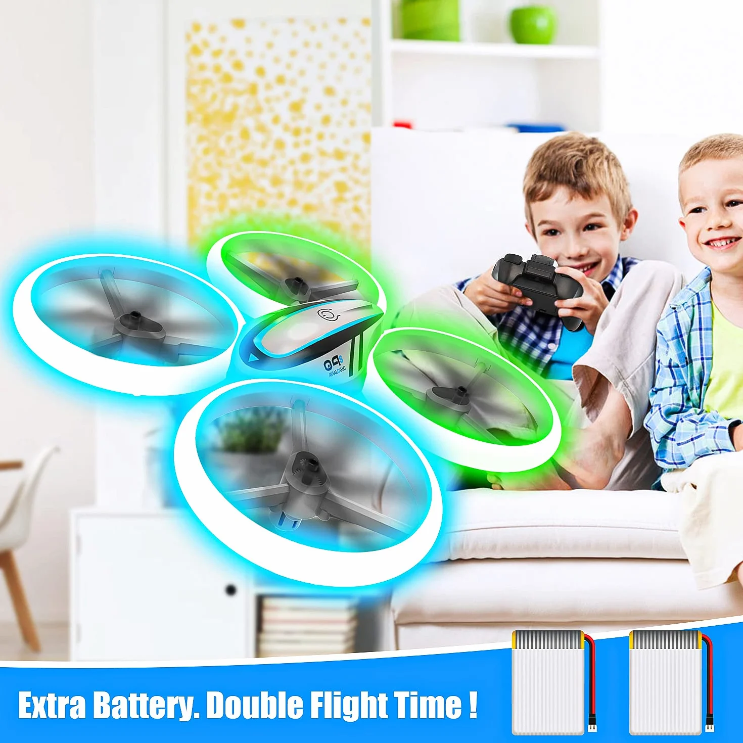 Drone Enfant Hélicoptère Télécommandé avec Lumières Bleues et Vertes, Deux Batteries, RC Quadricoptère Maintien d'Altitude