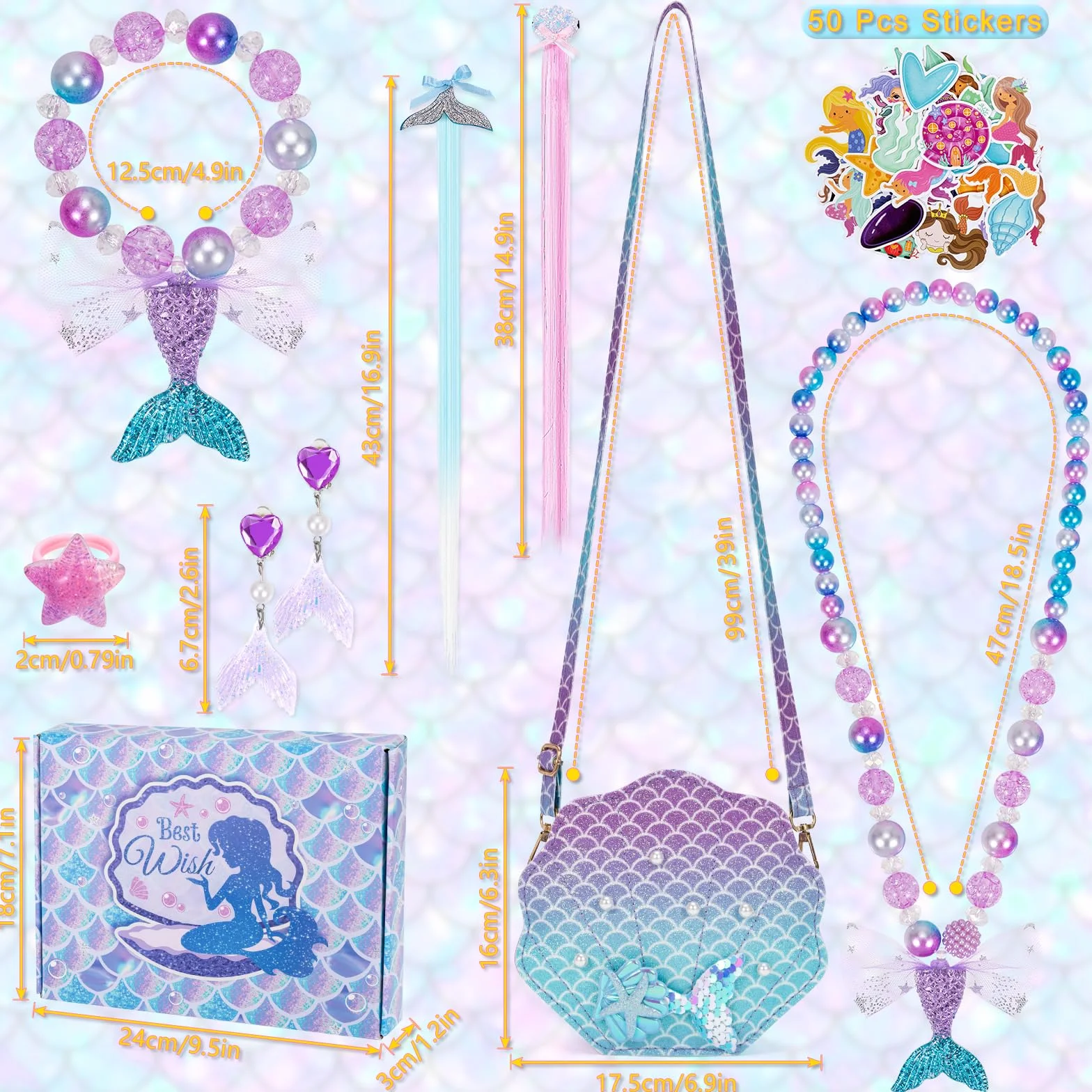Sirènes Sac à Main Bijoux Enfants Fille, Coquillage Sac Bandoulière Princesse Set Collier Bracelet Bague Boucles d'oreilles