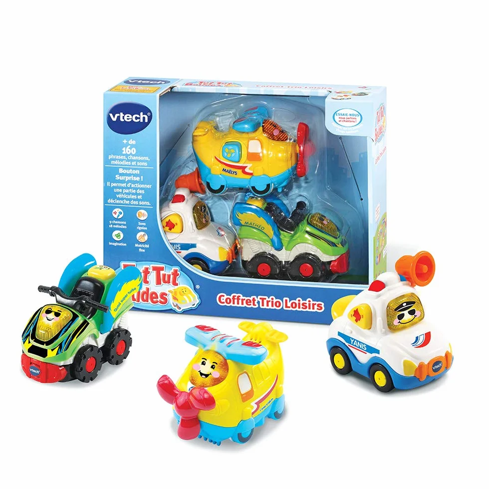 VTech Tut Tut Bolides Coffret Trio Loisirs 3 Voitures Interactives Avion Hélices Police Quad Jouet Musical Enfant 1-5 Ans Français