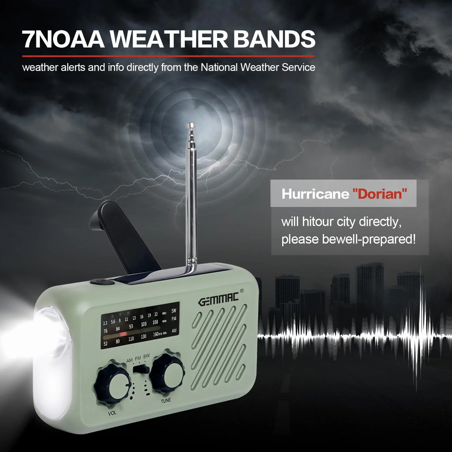Radio d'urgence Multifonction 3 en 1 GEMMAC Recharge Solaire Dynamo Manivelle USB Batterie 2000mAh Powerbank Lampe Torche Lecture LED Alarme SOS Radio AM FM Camping Randonnée Survie