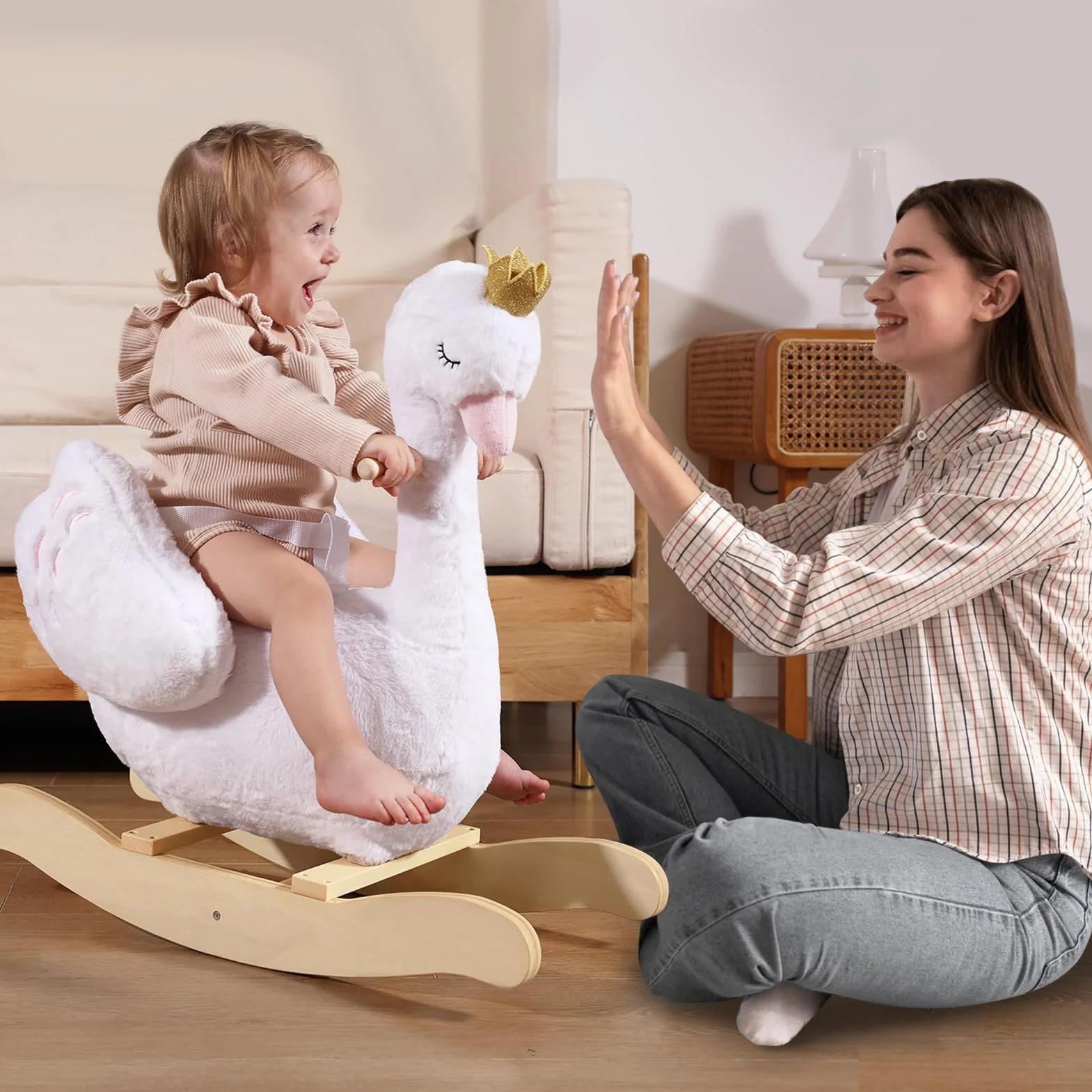 Labebe Cheval à Bascule Cygne Enfant Peluche Blanc Extérieur Intérieur Jouet 1-3 Ans