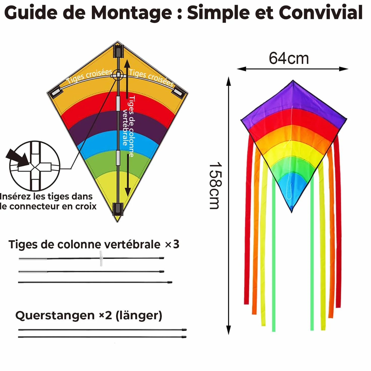 Cerf Volant Enfant Adulte Diamant Rainbow Eddy Facile à Piloter Jeux Plage