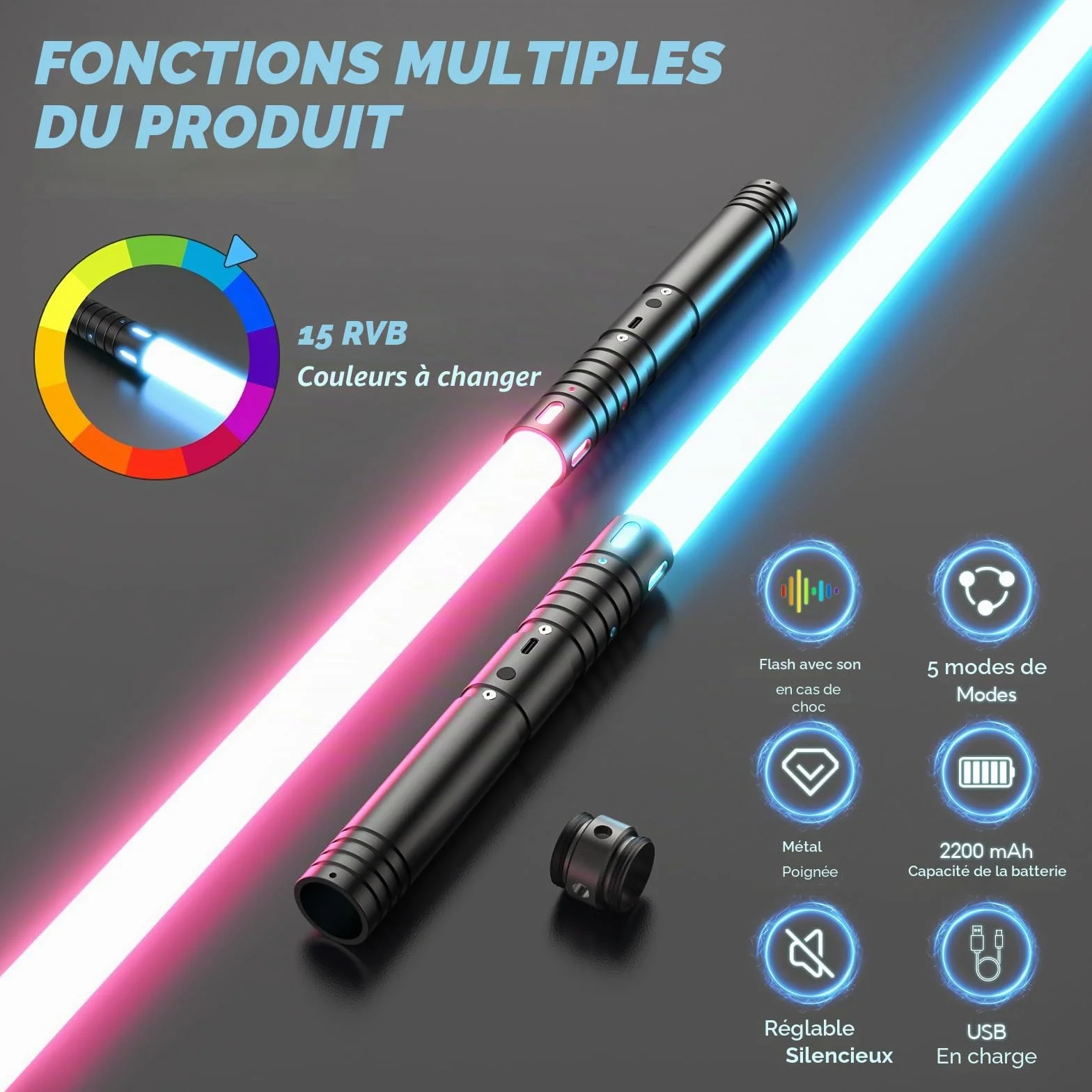 Sabre Laser Enfants RGB 15 Couleurs Rechargeable Effets sonores FX 74cm 2 Pièces