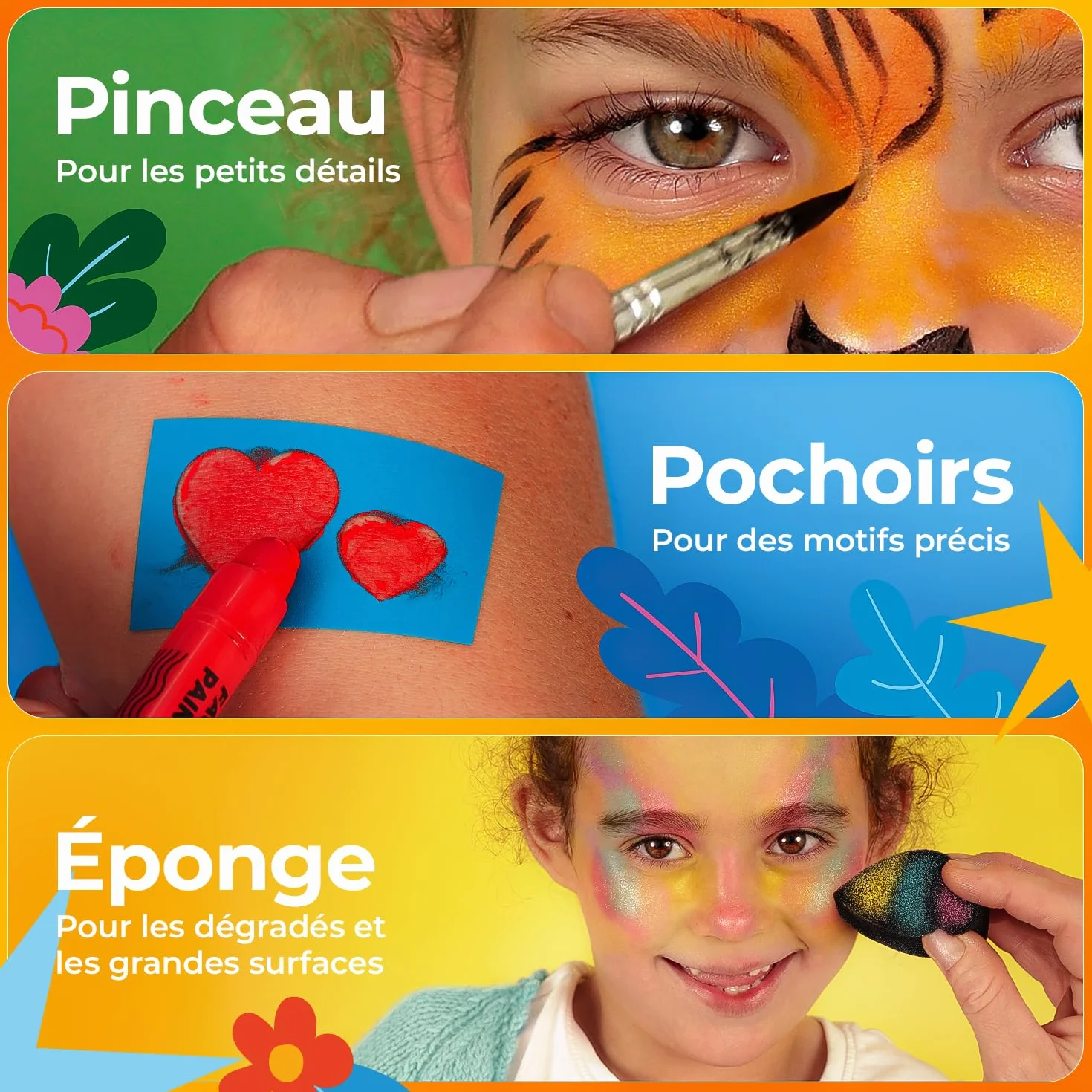 Colozoo Kit de maquillage enfants 20 couleurs crayons visage pinceaux pochoirs face paint