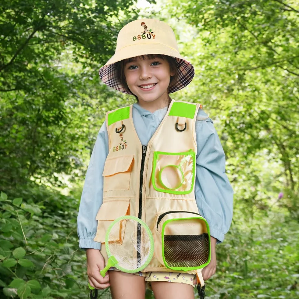 Kit de Exploration Enfant 4Pcs Aventurier Extérieur avec Gilet Safari Chapeau Filet à Papillon Loupe