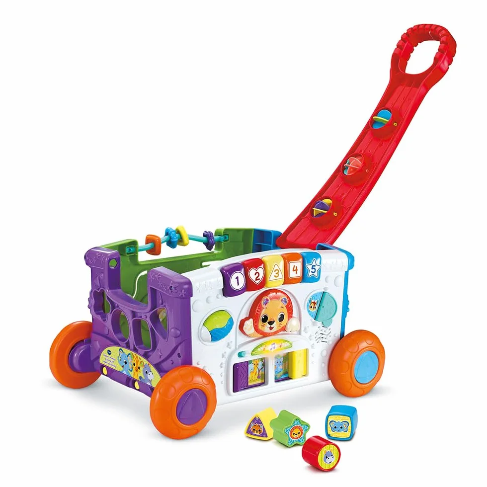 VTech Super Chariot Interactif Multi-Activités, Chariot Enfant à Tirer avec Trieur de Formes, Jeux d’Éveil, Bac à Jouets Musical, Cadeau Bébé 1 an