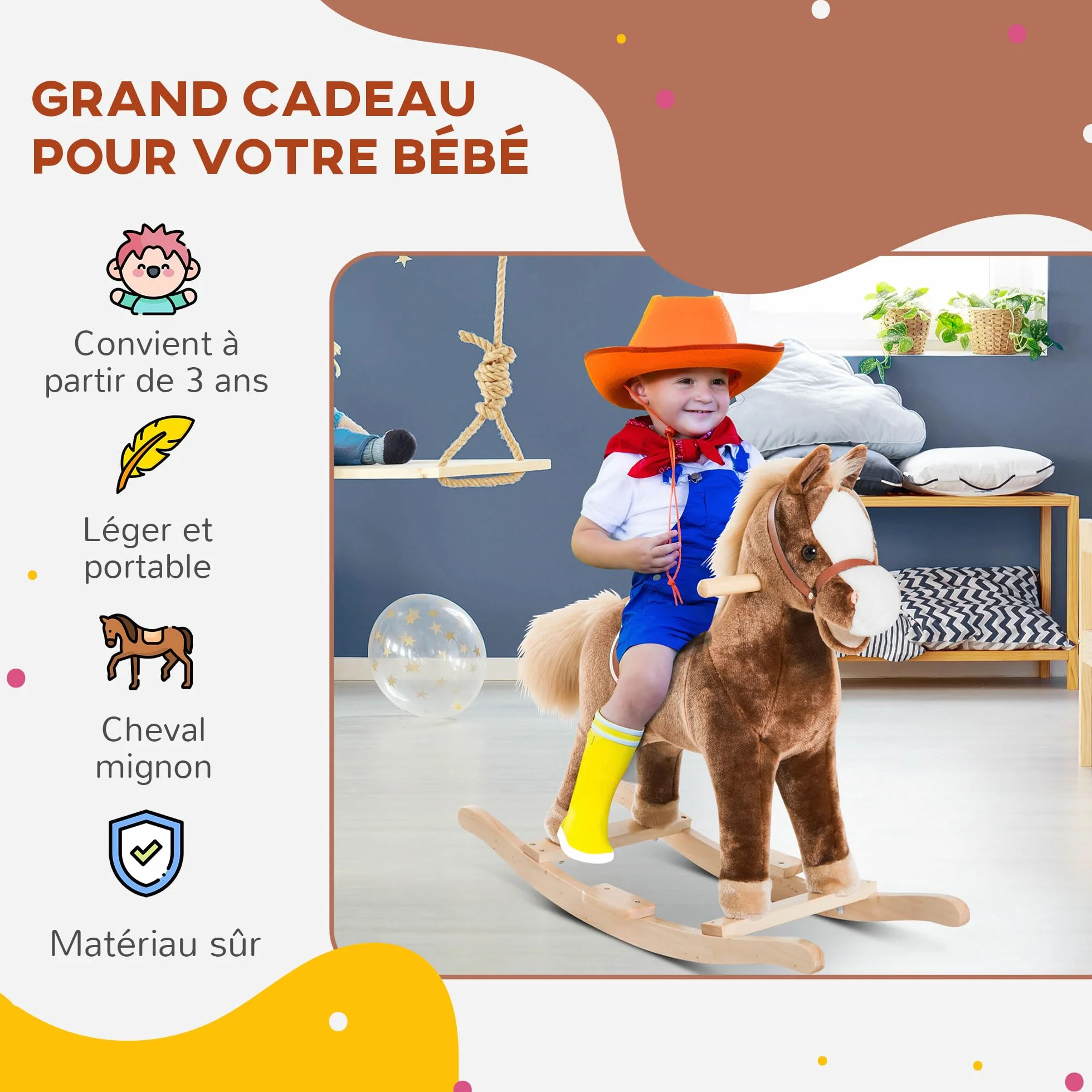HOMCOM Cheval à Bascule Cowboy Selle Grand Confort Enfants 36+ Mois Peluche Douce Bois Peuplier 40 kg Brun Blanc