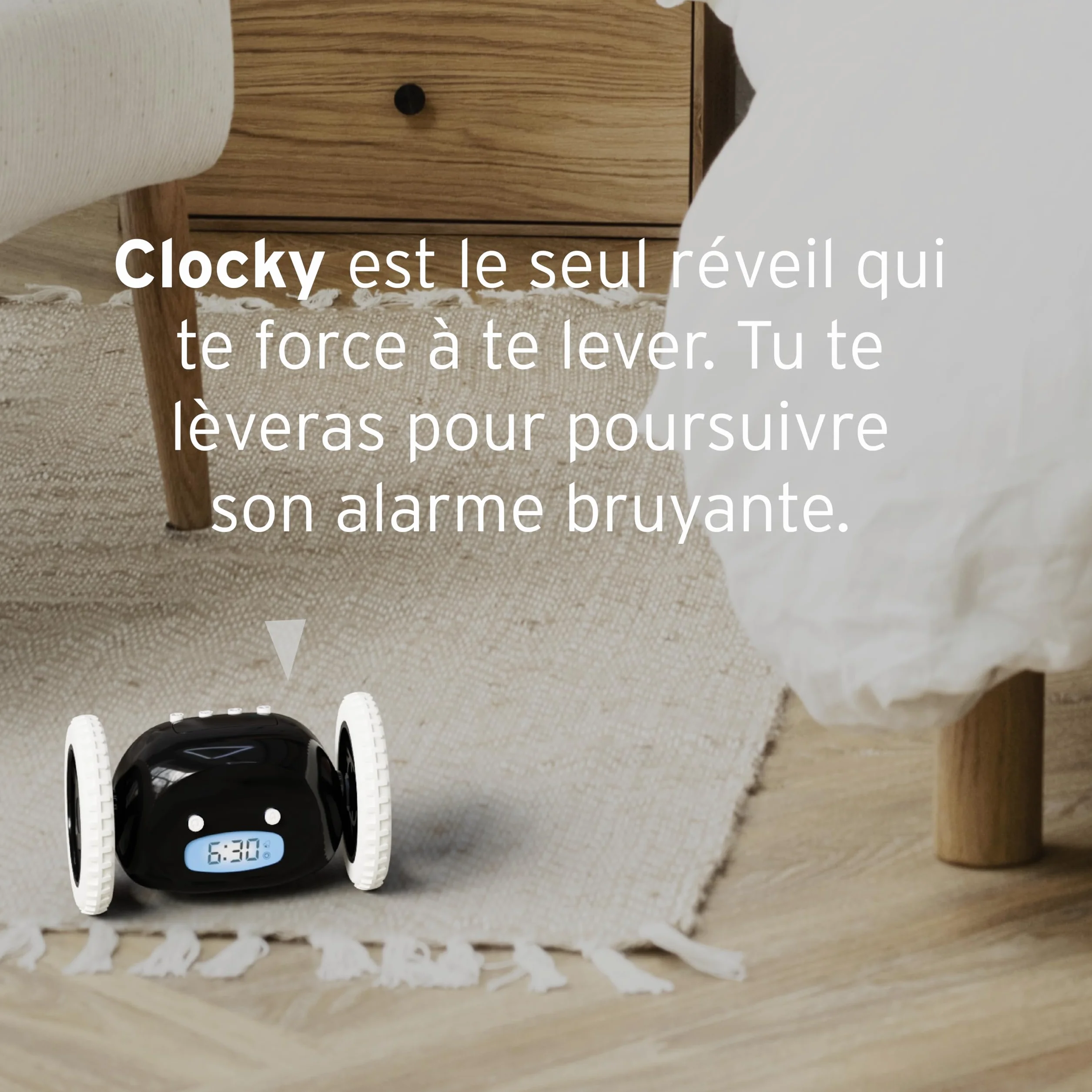CLOCKY Réveil Matin Roulant Forte Sonnerie Puissant LED Noir