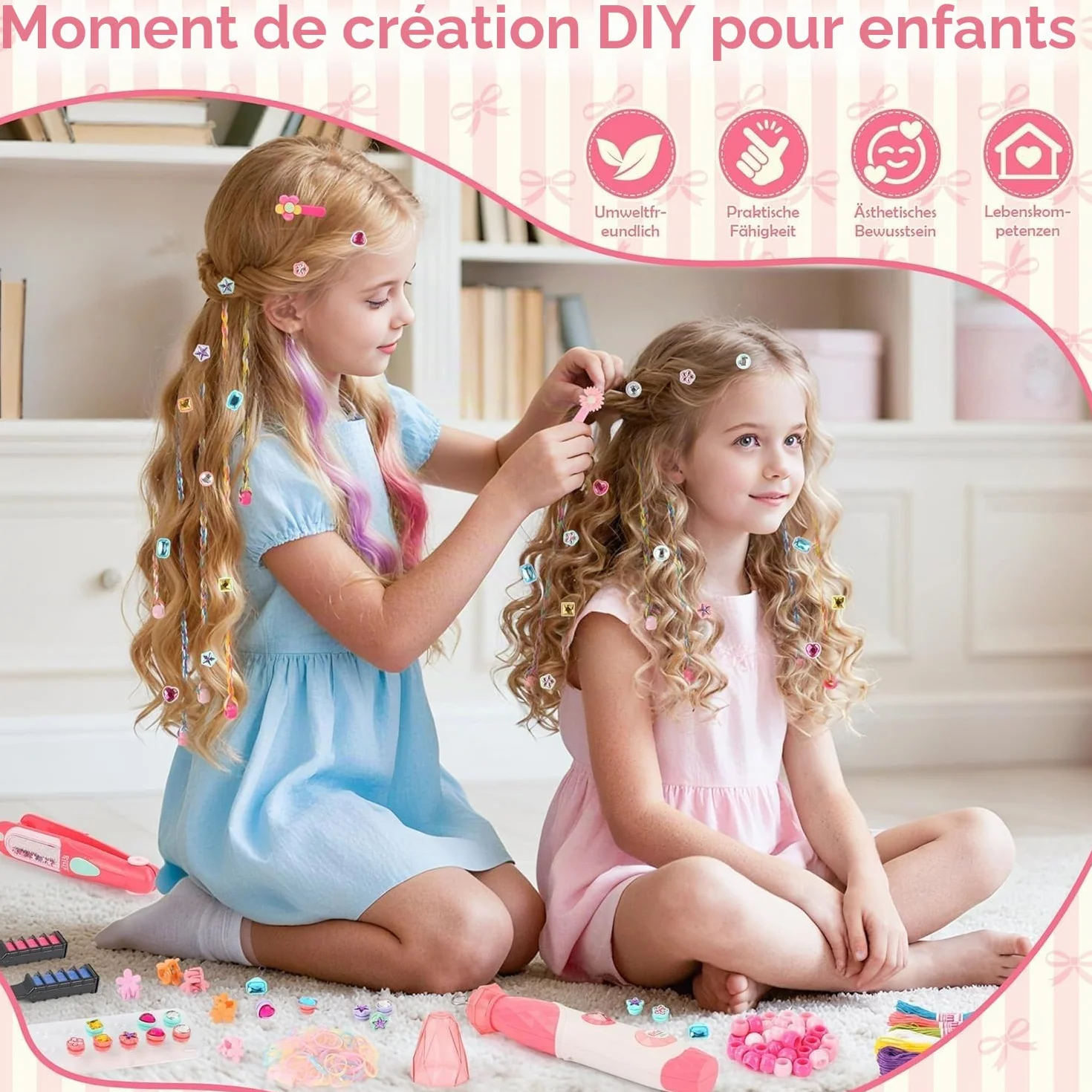 JONRRYIN Kit de broderie de cheveux 3-en-1, machine à tresses automatique avec perles et strass pour filles