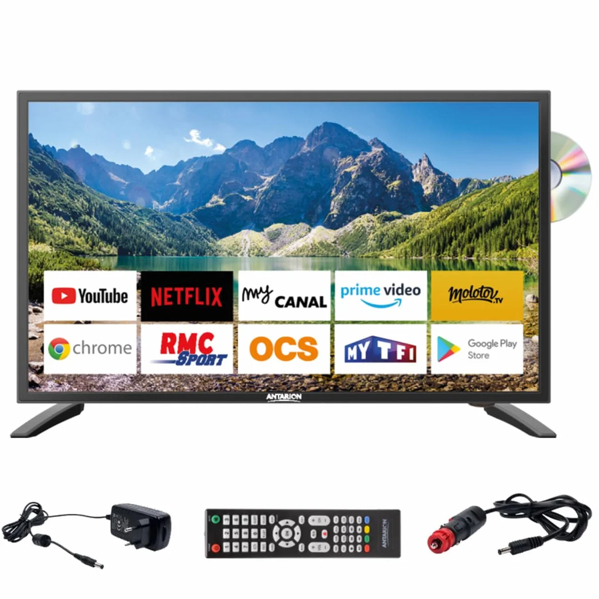 Antarion TV LED 21.5" 54cm Smart Connect Lecteur DVD Intégré Androidtv 14.0 Camping-Car