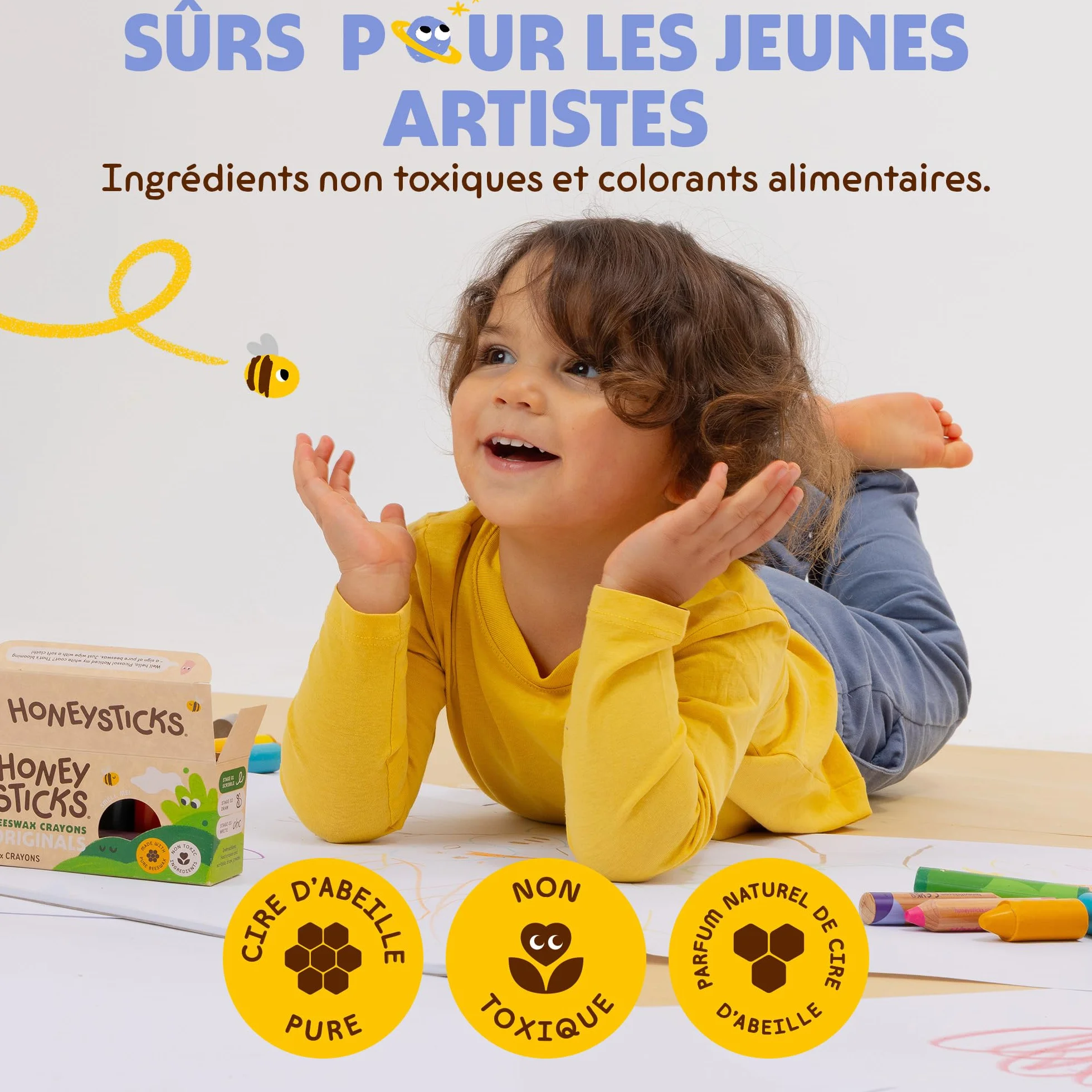 Honeysticks 12 Gros Crayons Pure Cire d'Abeille Non Toxiques pour Tout Petits 1 an+