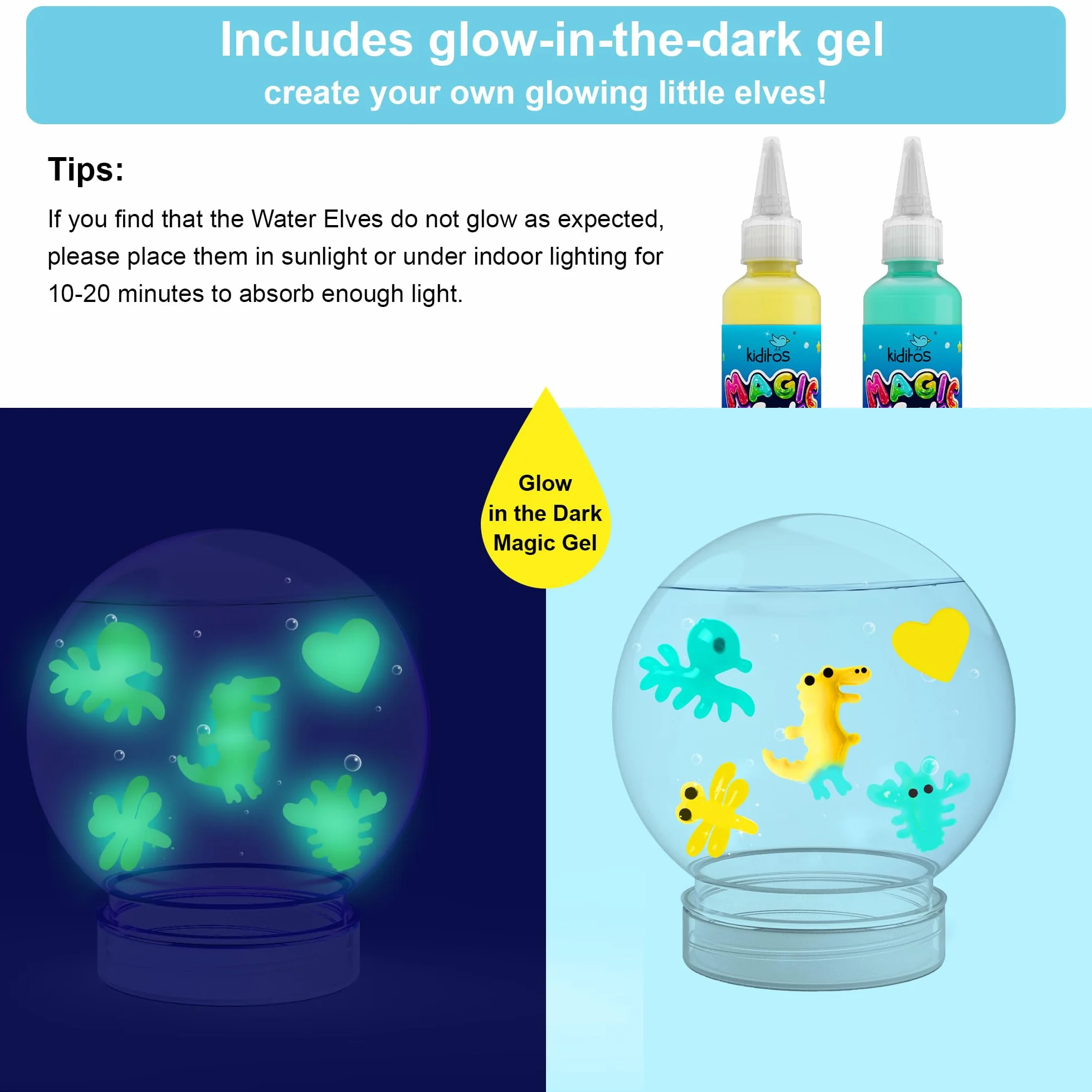 Kiditos Kit de création de jouets lutins en eau magique lumineux dans l'obscurité changement de couleur 12 gels 10 moules pot avec couvercle