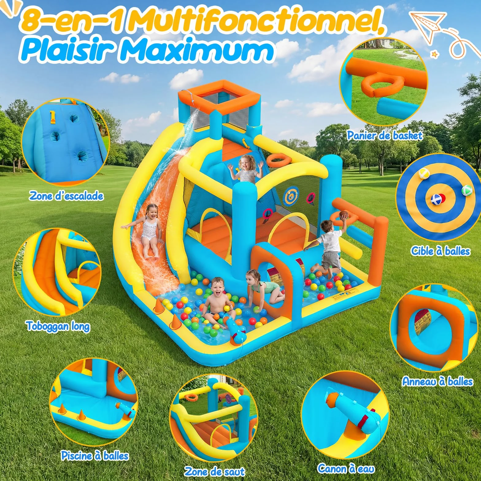 Château Gonflable avec Toboggan Aquatique, Piscine à Balles, Mur d'escalade, Souffleur Inclus, Intérieur/Extérieur