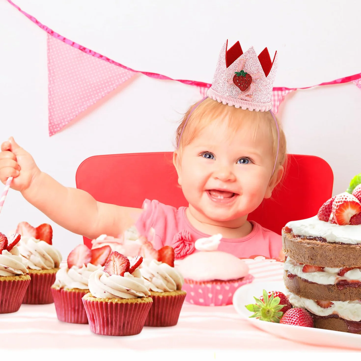 PEUTIER Chapeau Fraise 1/2 Anniversaire, Demi-Anniversaire Baies Roses Couvre-Chef pour Décoration Fête Baby Shower