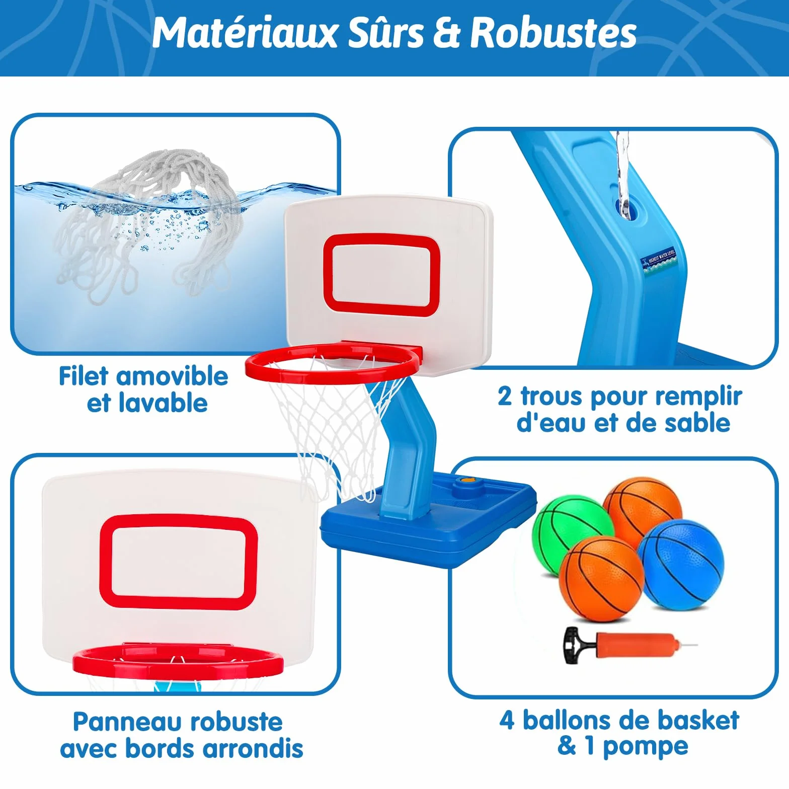 Panier de Basket Enfant Hauteur Réglable 70-138cm avec Ballon et Pompe, Jeu Extérieur Bleu