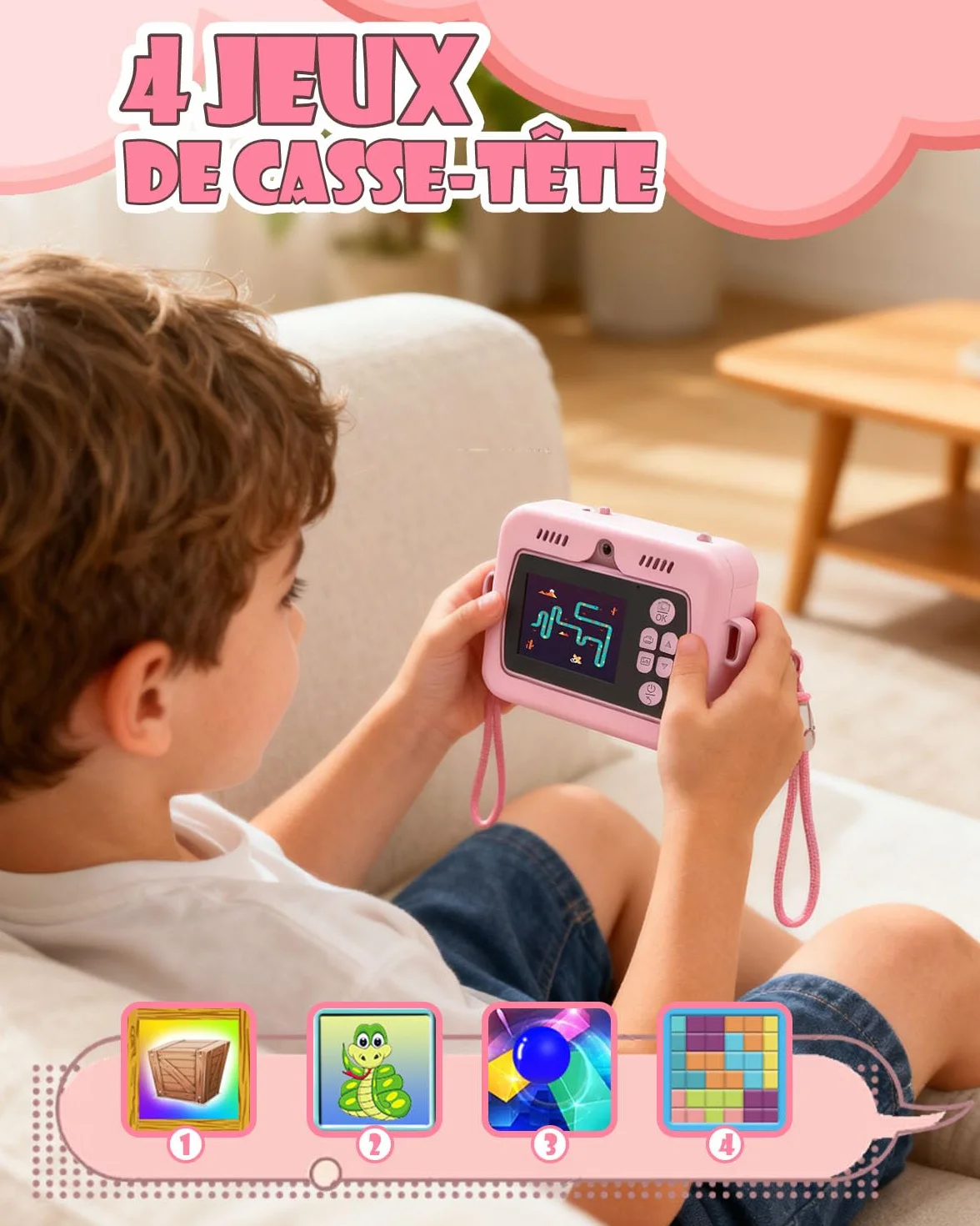 Appareil Photo Instantané Enfants Licorne 2.4" Écran Vidéo 1080P Zoom 16X Impression Thermique 32Go Rose