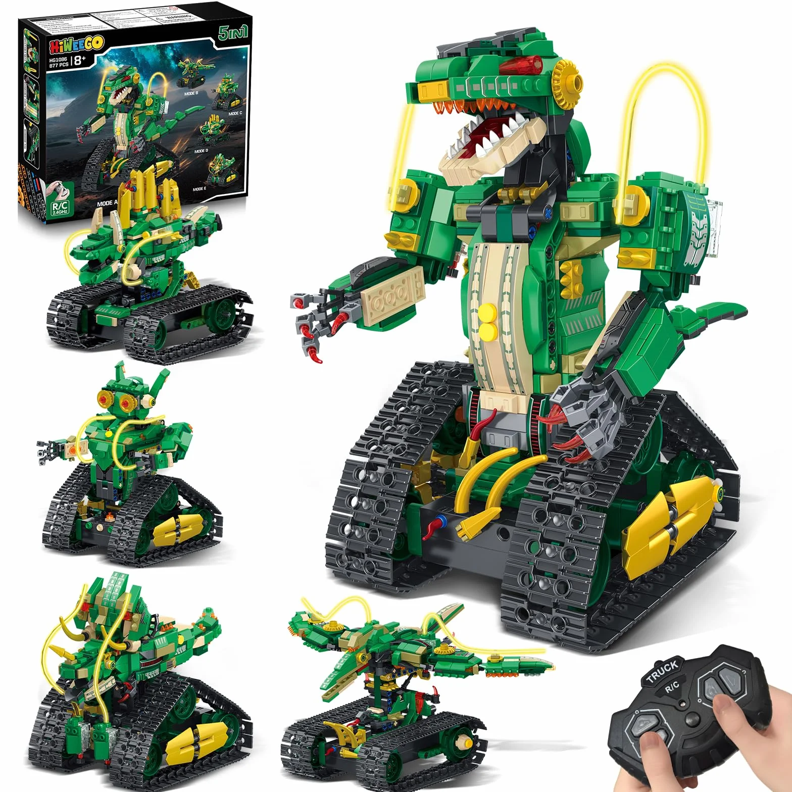 HiWEEGO Jouet de Construction Dinosaure Télécommandé 5 en 1 877 Pièces Robot Rechargeable