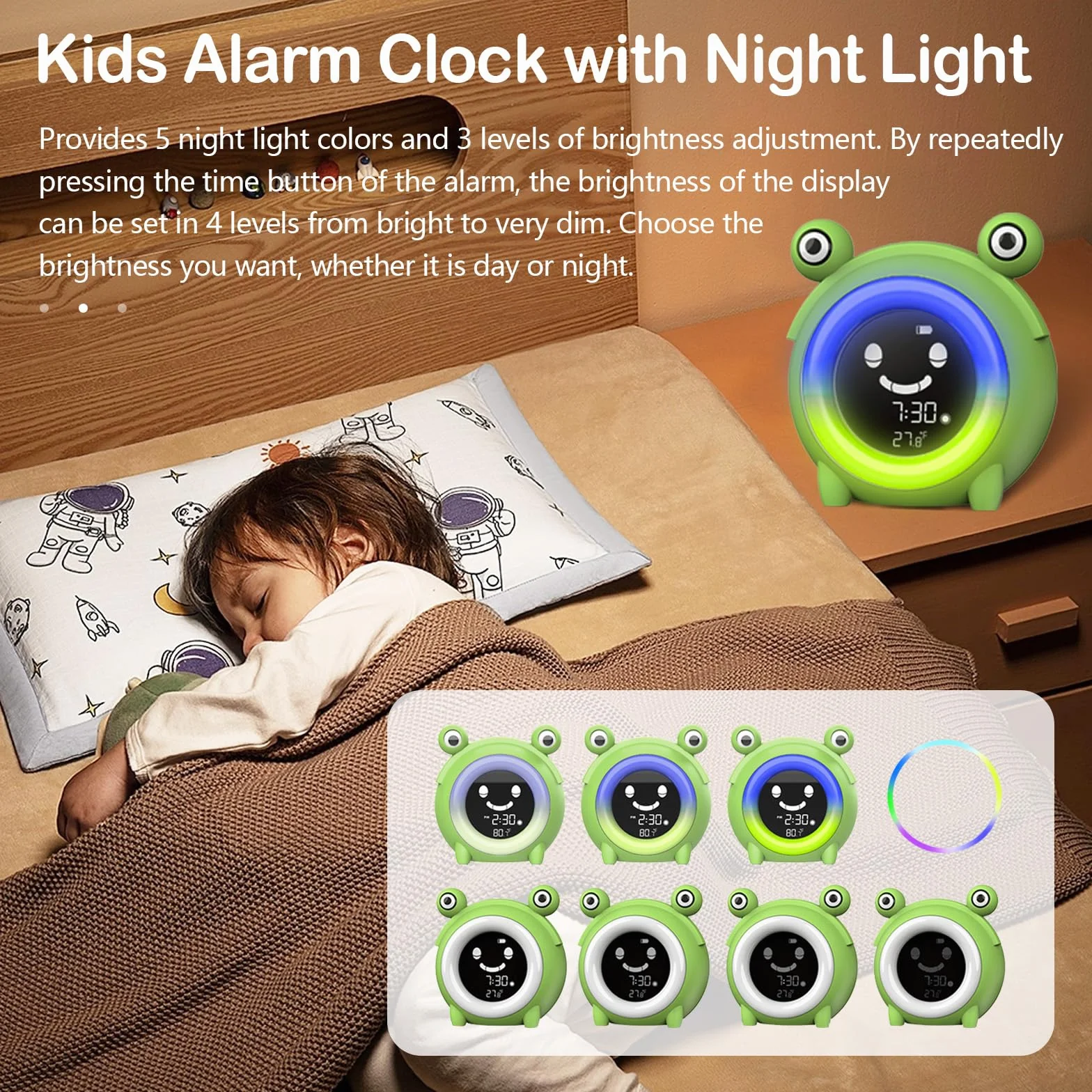 Réveil Enfant Éducatif Jour Nuit avec Emoji, Lampe de Chevet LED 5 Couleurs, Musique, Température, Snooze pour 2-10 Ans