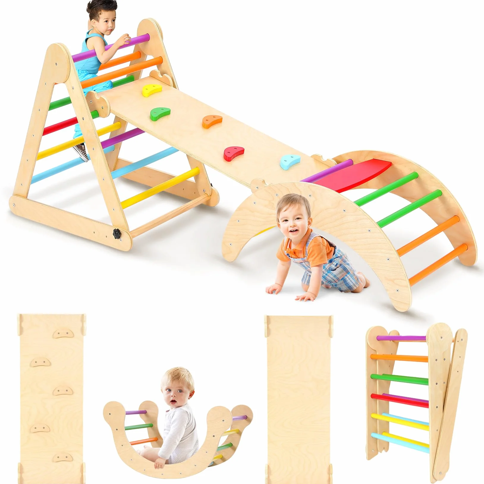 YOLEO Triangle à Grimper Pliant Montessori avec Arche de Toboggan, Aire de Jeux Intérieure pour Enfants 1 an