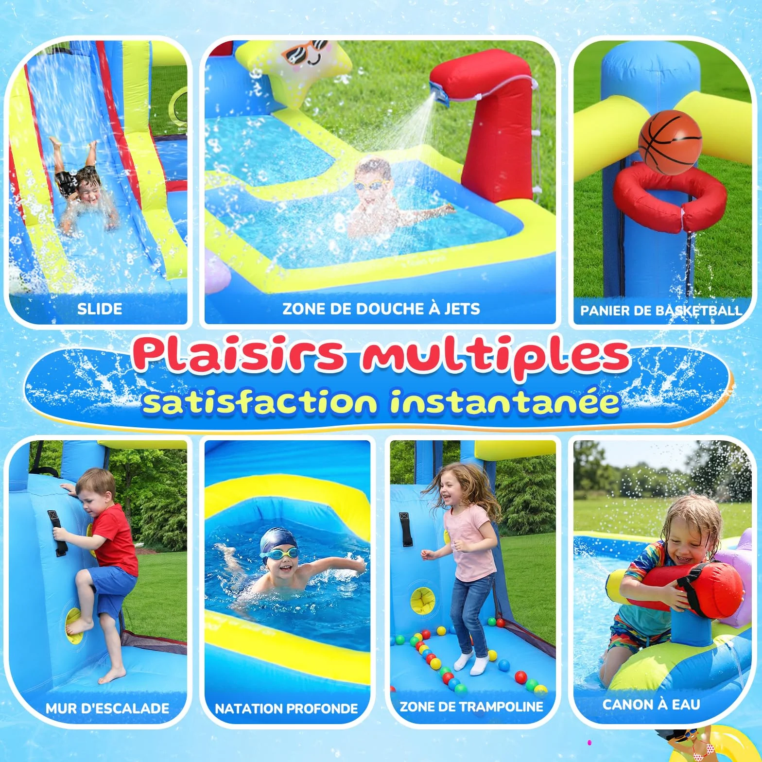 Bonnlo Chateau Gonflable avec Piscine Toboggan Mur d'escalade Trampoline 375x292x230cm Jardin Extérieur Ventilateur Inclus Thème Océanique