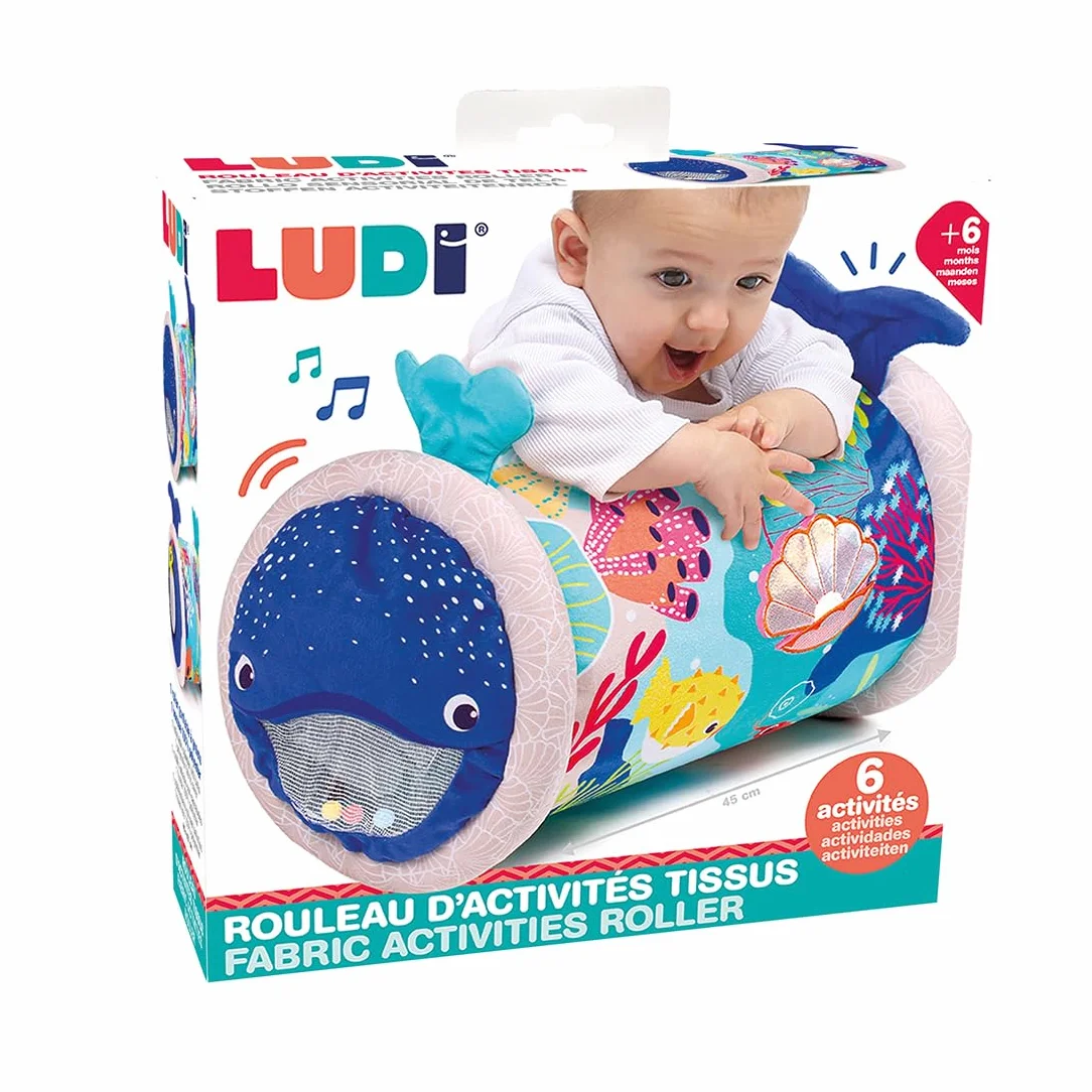 LUDI Baby Roller Baleine Rouleau Gonflable d’activités 6 activités sensorielles 45 x 30 cm Bleu