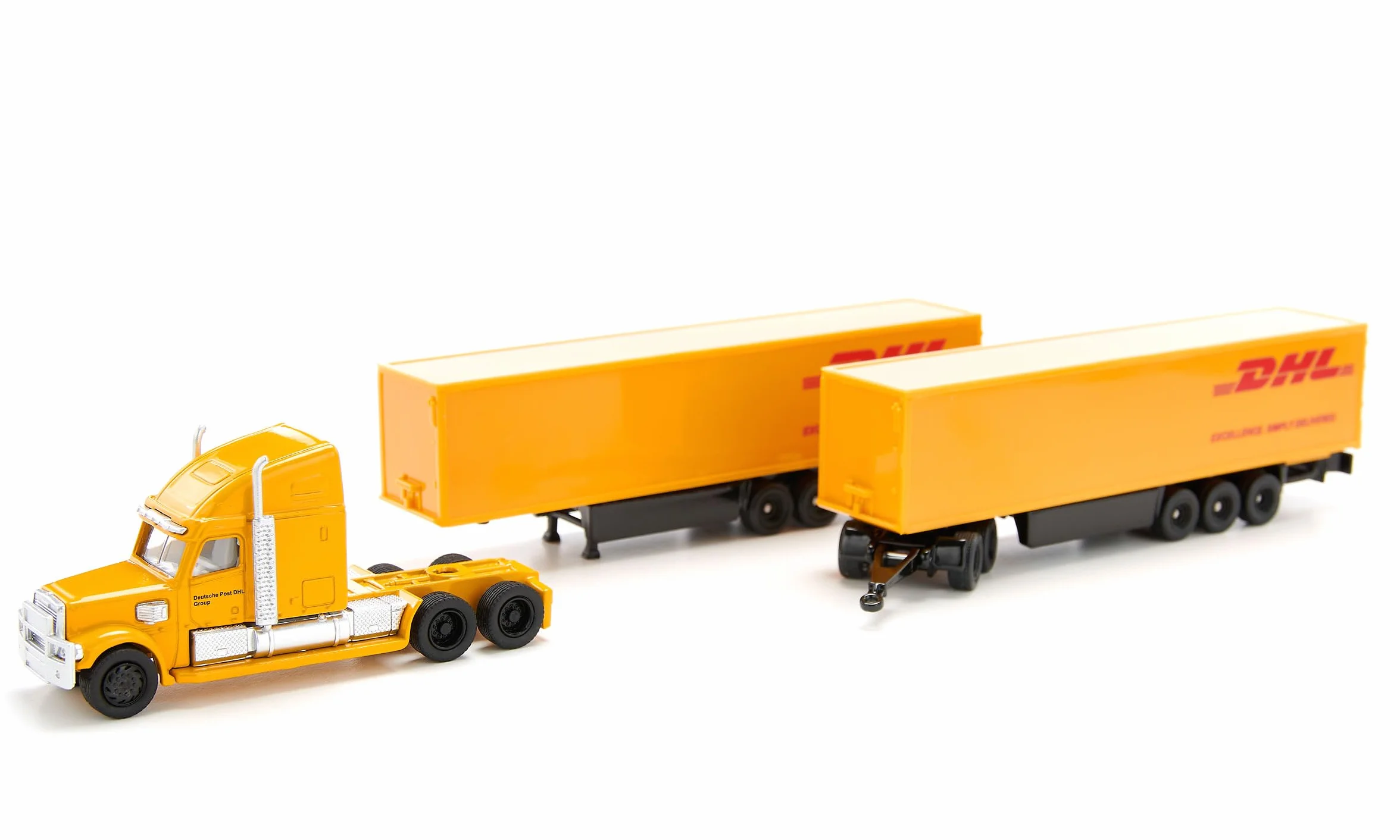 Siku 1806 Freightliner DHL Road Train tracteur semi-remorque 1:87 métal plastique jaune remorque amovible portes ouvrantes