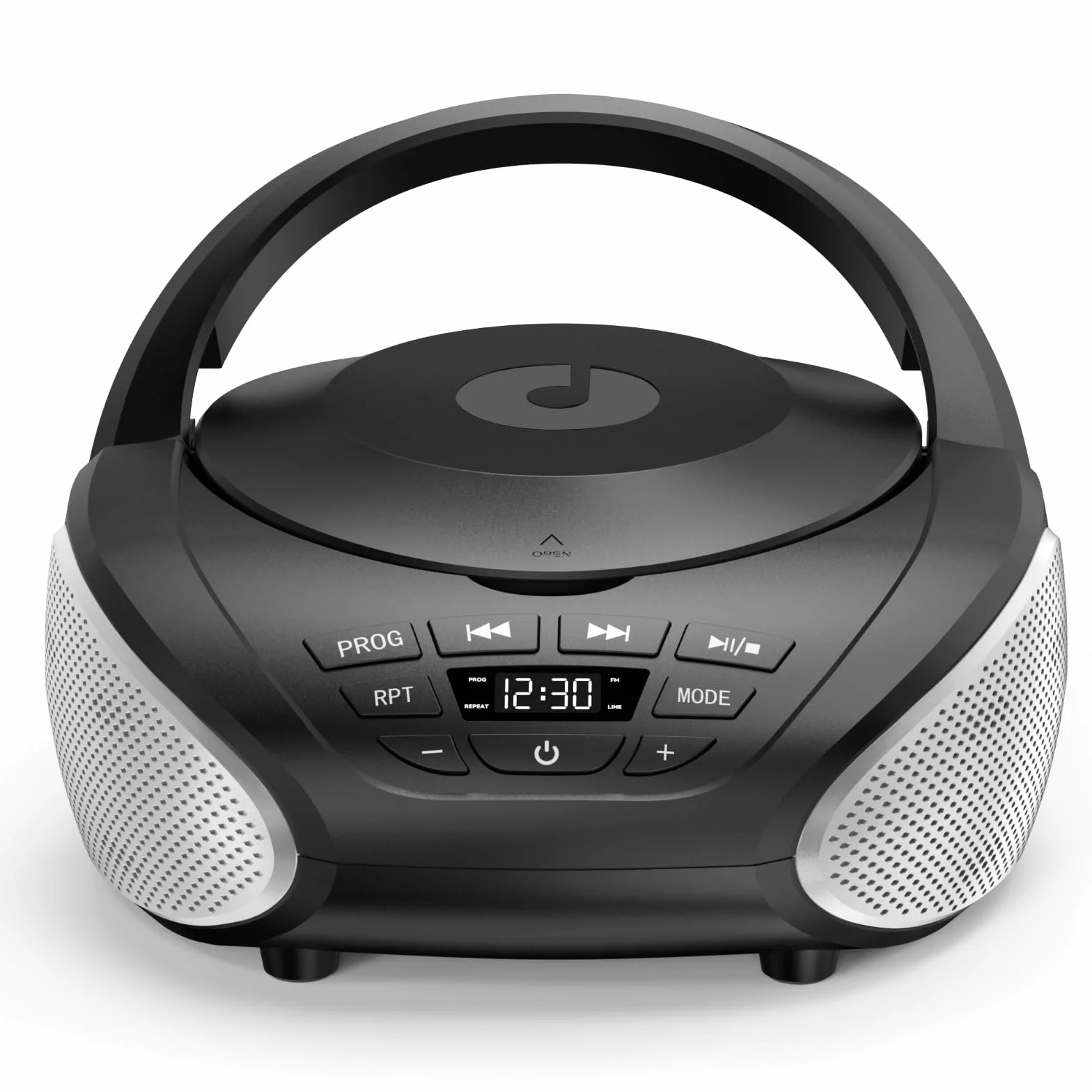 Lecteur CD Portable Boombox Radio FM Stéréo avec Entrée AUX 3,5 mm Jack Casque Écran LCD Noir Argent