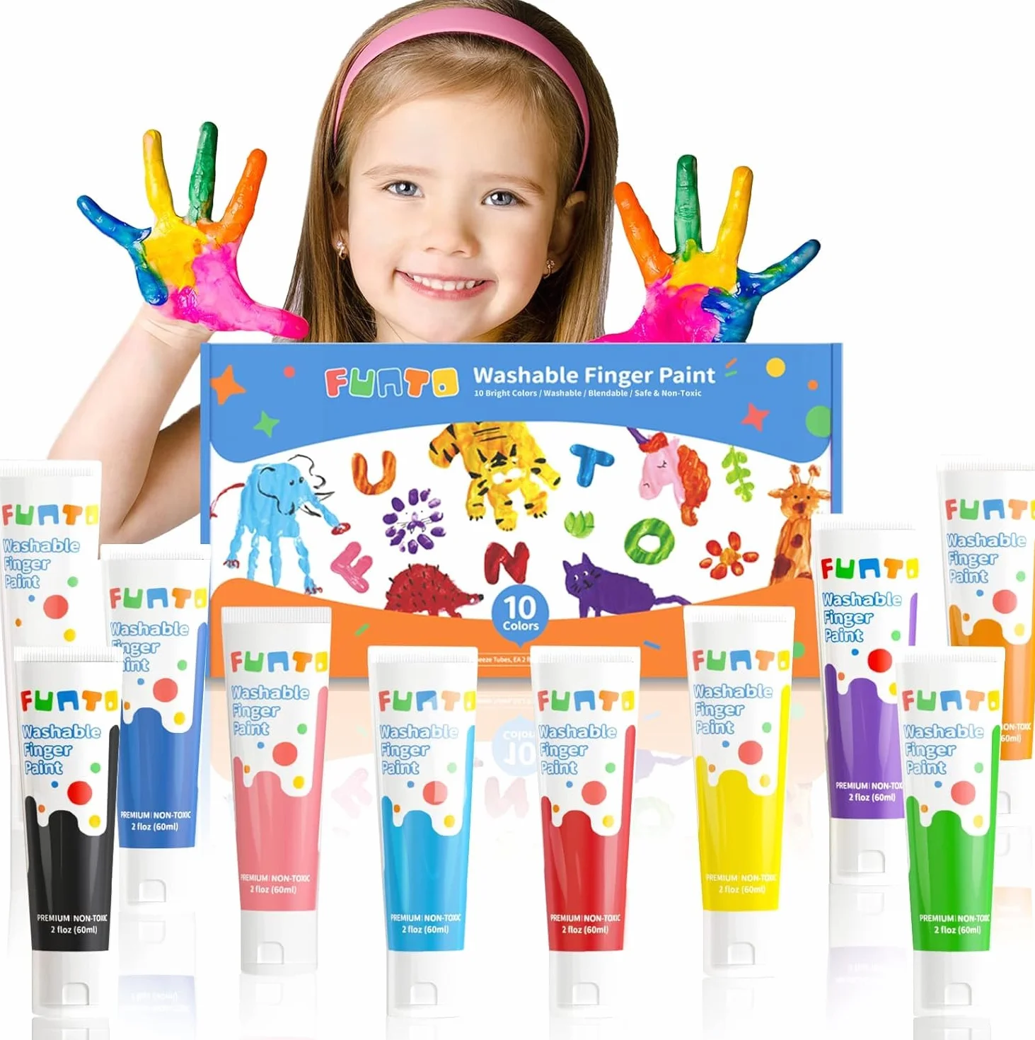 Funto Peinture au doigt pour tout-petits 10 couleurs lavable non toxique ensemble de peinture de bain