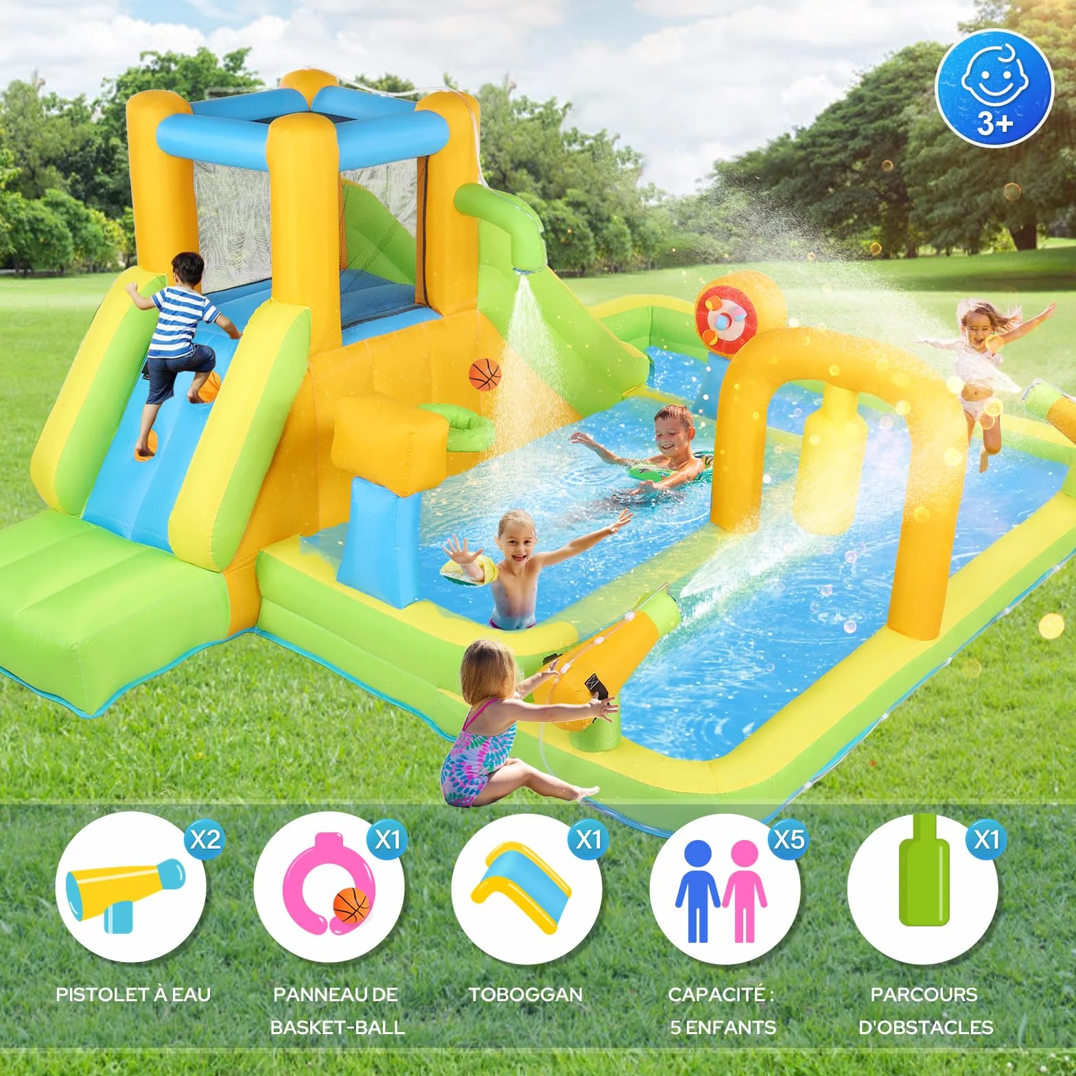 Bonnlo Chateau Gonflable Extérieur avec Piscine 450x300x180cm Toboggan Aquatique Enfant