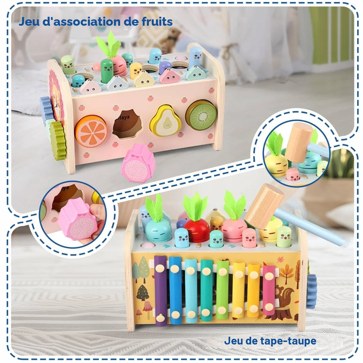 Jouet Montessori Enfant 1 an 9 en 1 Jeux en Bois Bebe Educatif Fille Garcon avec Xylophone Jeu Peche Marteau Jouet d'activite Musicaux Interactif Cadeau Anniversaire 2 Ans