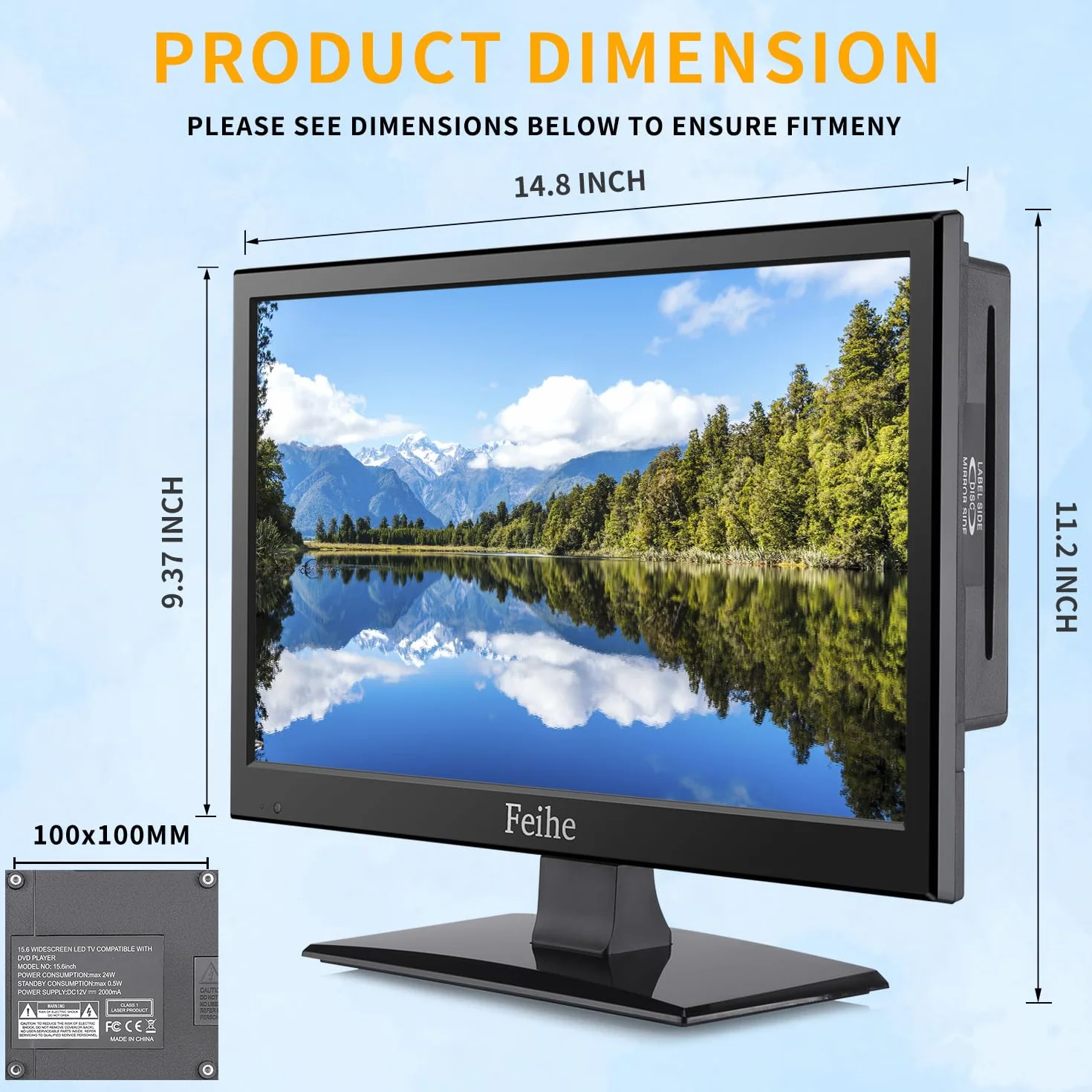 ZOSHING TV 16 Pouces avec Lecteur DVD, Tuner T2 Intégré, HDMI/USB, 12V pour Cuisine Camping-RV
