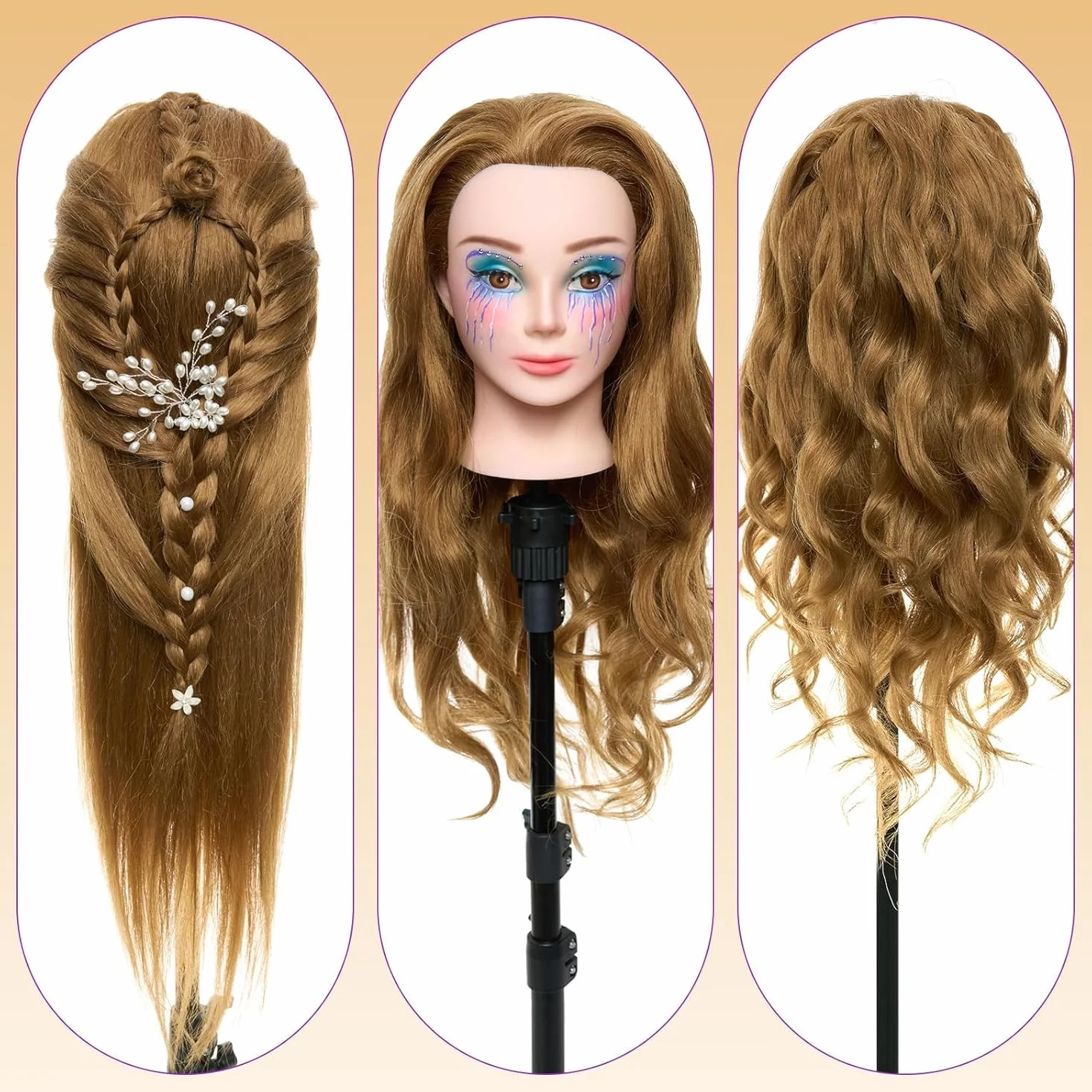 Neverland 24" Tete a Coiffer Professionnelle avec Support Tête de Maquillage 80% Cheveux Naturel Tête de Coiffure