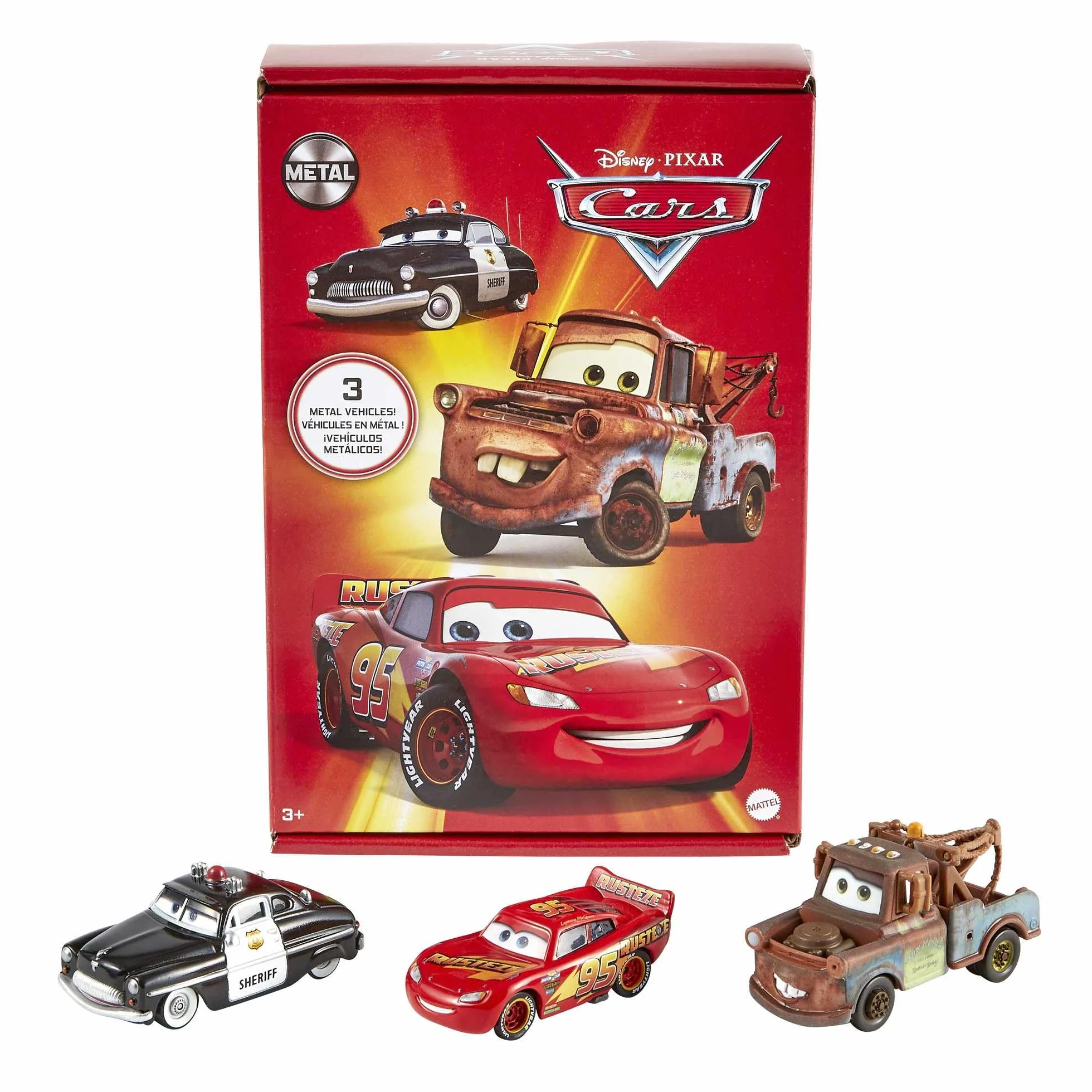 Mattel Disney Pixar Cars coffret 3 véhicules Radiator Springs échelle 1/55, Flash McQueen, Shérif, Martin, jouet enfant HBW14