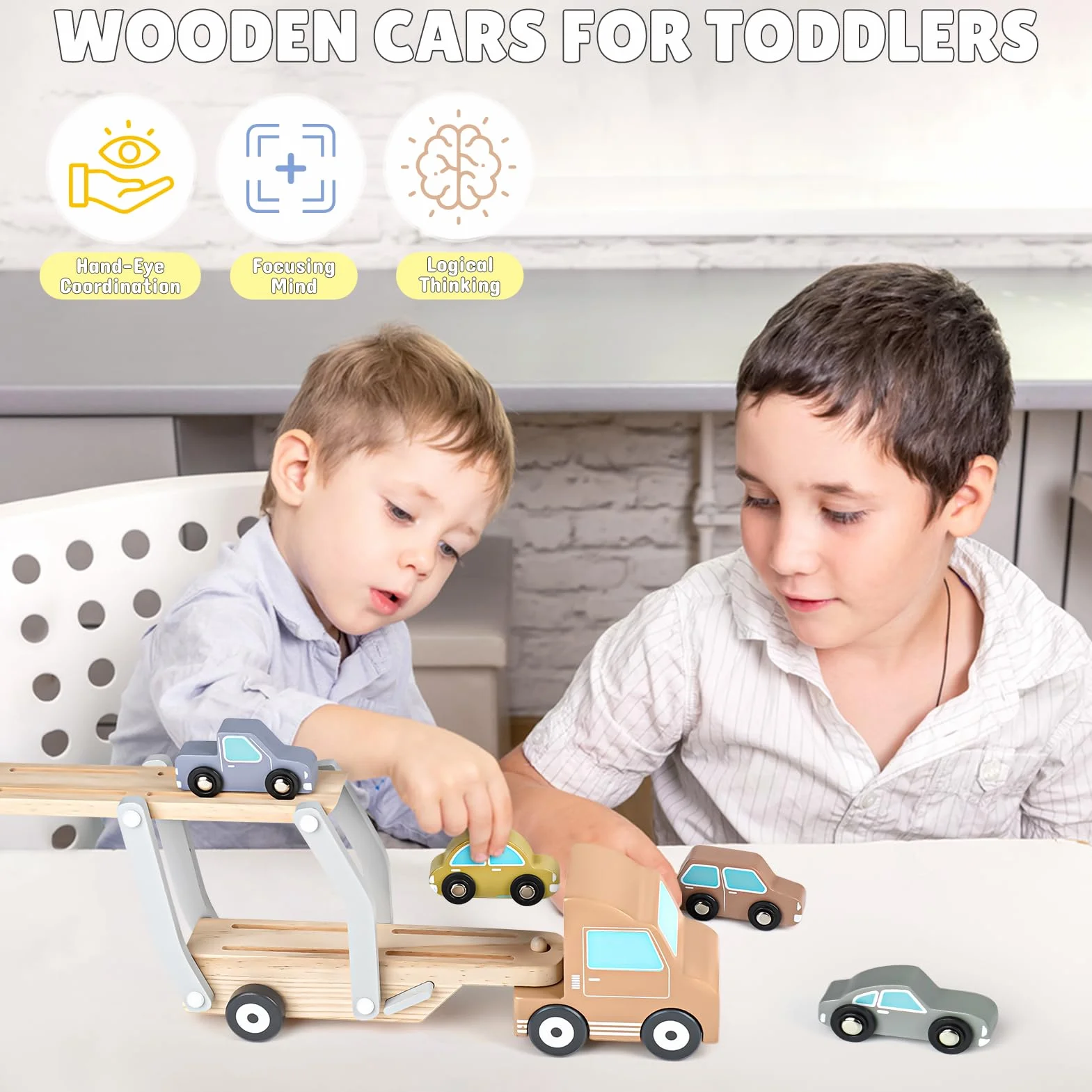 Jouet Bebe 1 an en Bois Voiture Garage Enfant Montessori avec 4 Mini-Voitures