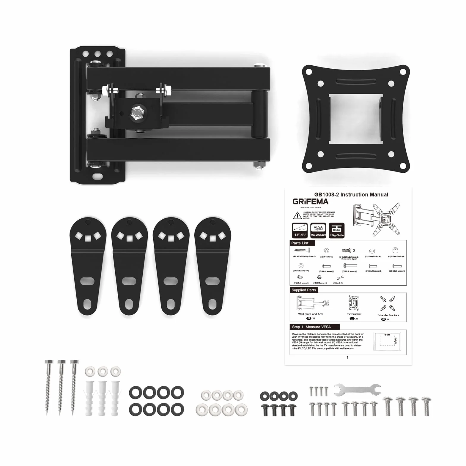 GRIFEMA Support Mural TV 13-43 Pouces Fixation Murale Orientable Inclinable VESA 20KG