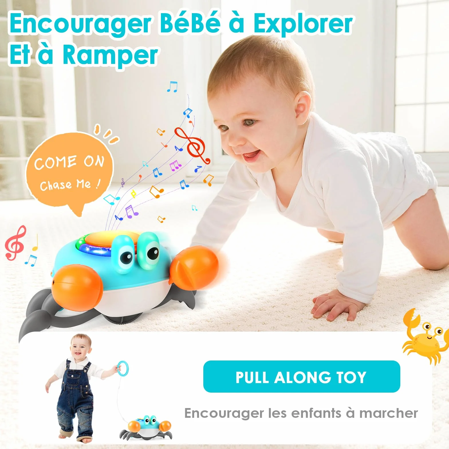 Jouet crabe électronique pour bébé avec musique et évitement des obstacles, cadeau pour enfants 3-7 ans