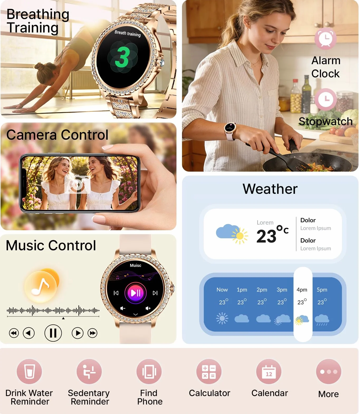 LIGE Montre Connectée Femme Bluetooth Appels Android iOS Sport Fitness Tracker 1,32" HD Fréquence Cardiaque Sommeil Smartwatch Rose Or