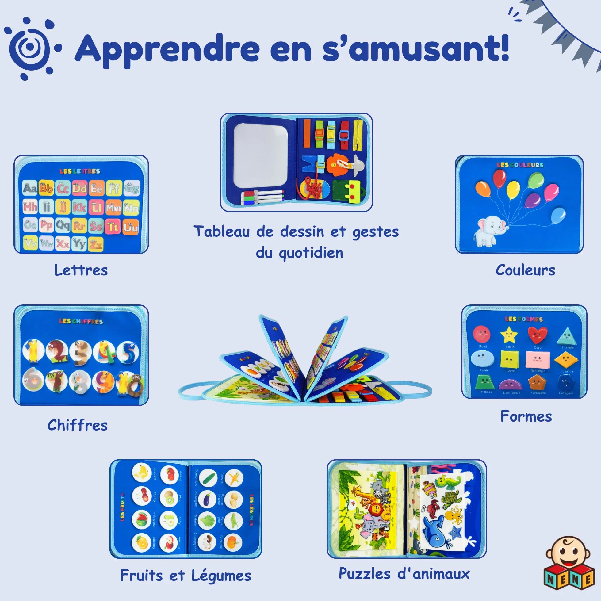 Nene Busy Board Montessori Jouet éducatif 2-6 Ans garçon fille Planche activités sensorielle sans écran Lettres Chiffres Formes Couleurs Motricité Fine