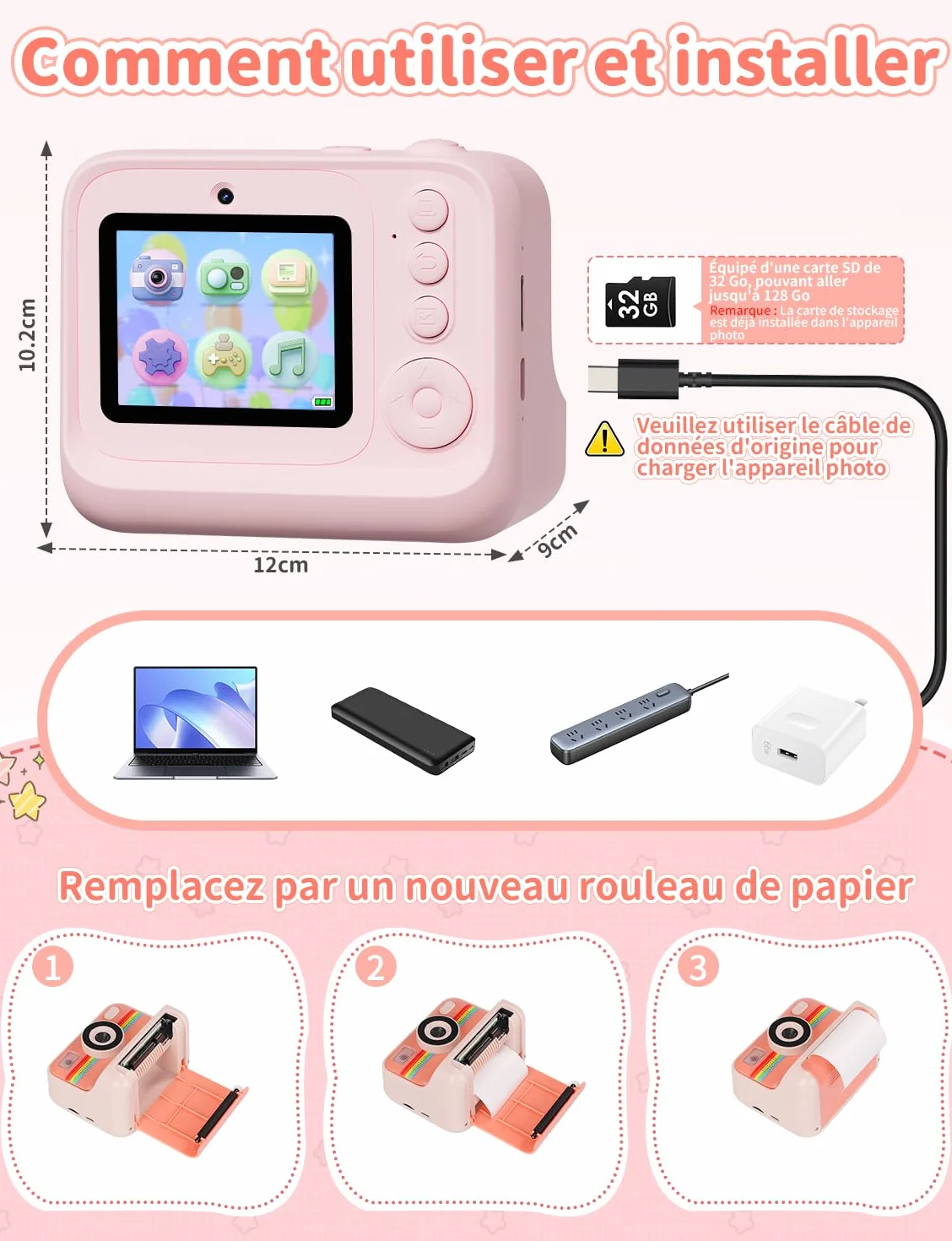LIORQUE Appareil Photo Instantané Enfant 2.4'' HD 1080p avec Carte 32GB & Papier d'impression Rose