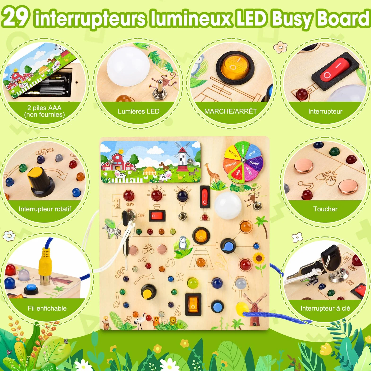 Busy Board Jouet Montessori 1 an, Jouet Enfant en Bois à Partir de 2 Ans, Planche Montessori avec 29 LED Jouets Sensoriel