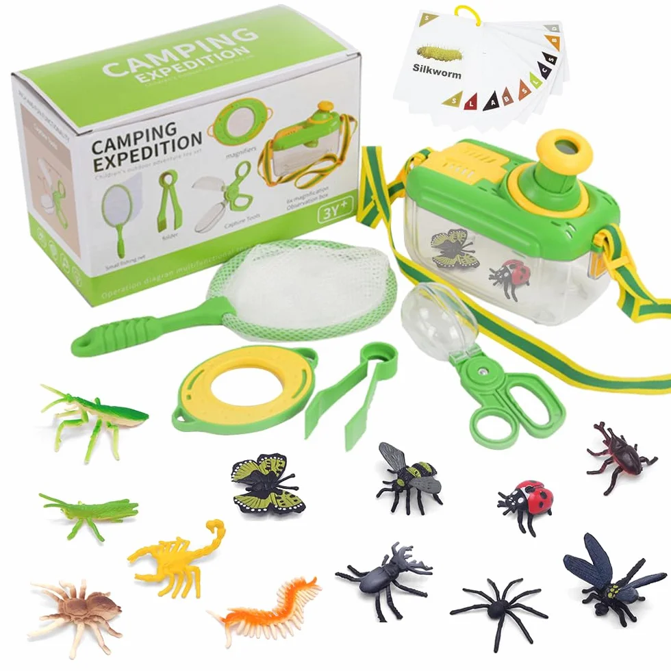 Kit Exploration Enfant Jeux Exterieur avec Boite Insecte, Loupe, 12 Insectes Plastique, Jouet Educatif 3-6 Ans